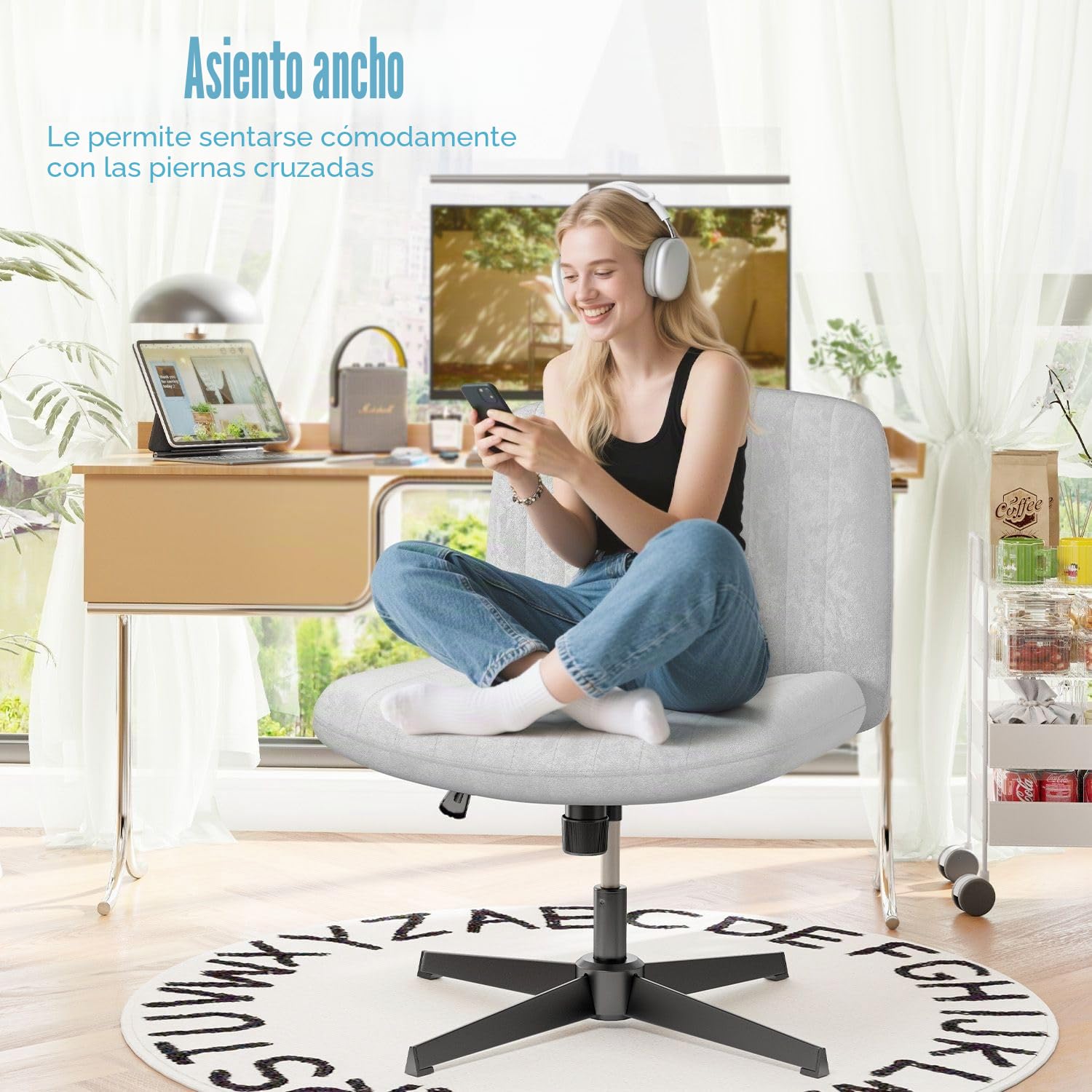 Silla de oficina ergonómica con patas cruzadas, sin brazos, silla sin ruedas, franela ancha y suave, giro de 360° y altura ajustable, diseño moderno para el hogar (gris)