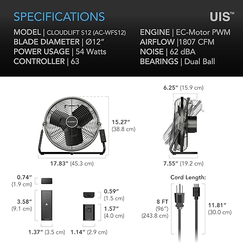 Miniatura 7 de AC Infinity CLOUDLIFT S12, ventilador de pared industrial con controlador de velocidad inalámbrico, soporte de piso o montaje en pared, para