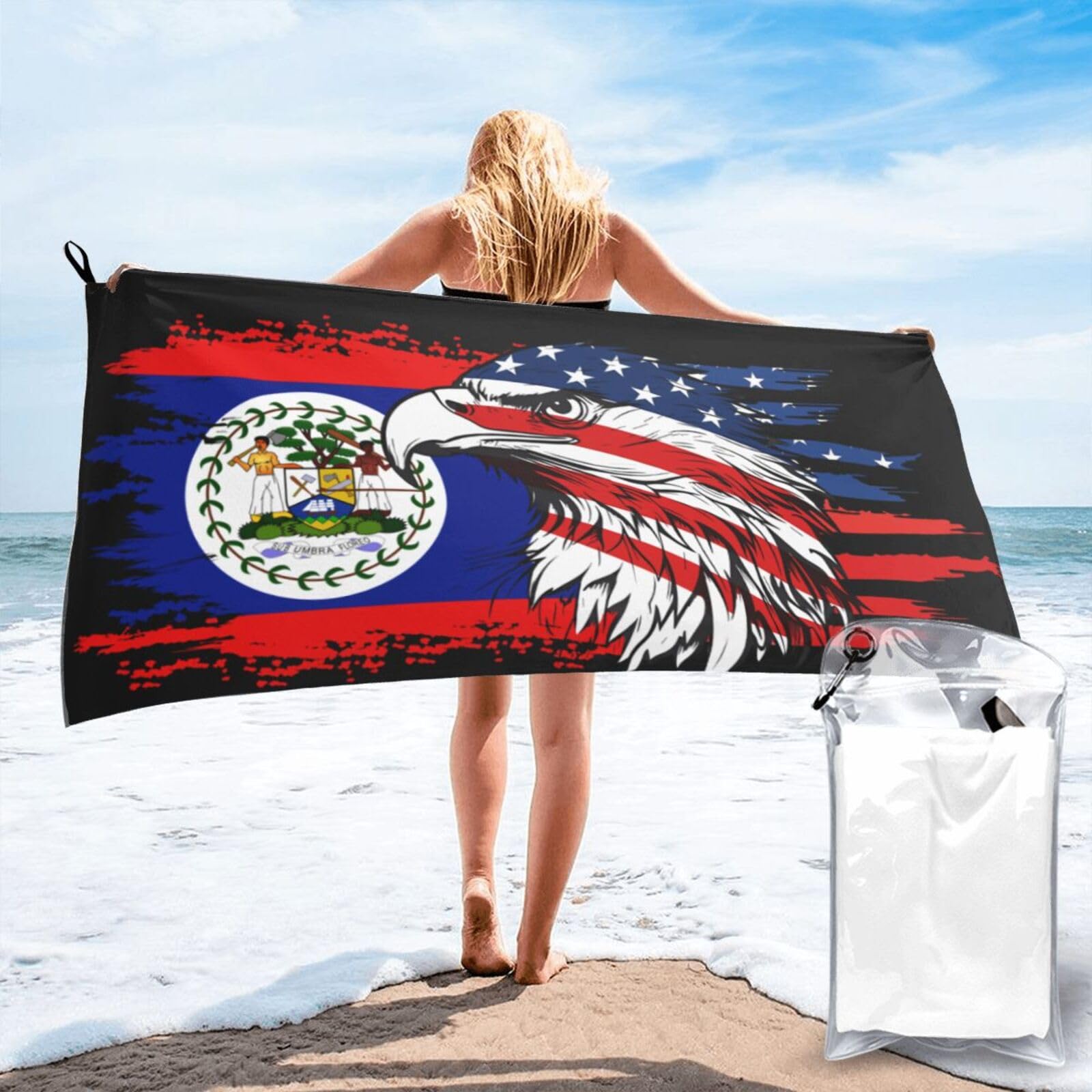 HACXZ America Flag and Belize Belizean Flag Microfiber Beach Towel Lightweight Absorbent Travel Pool for Men Women 31.5"X63"