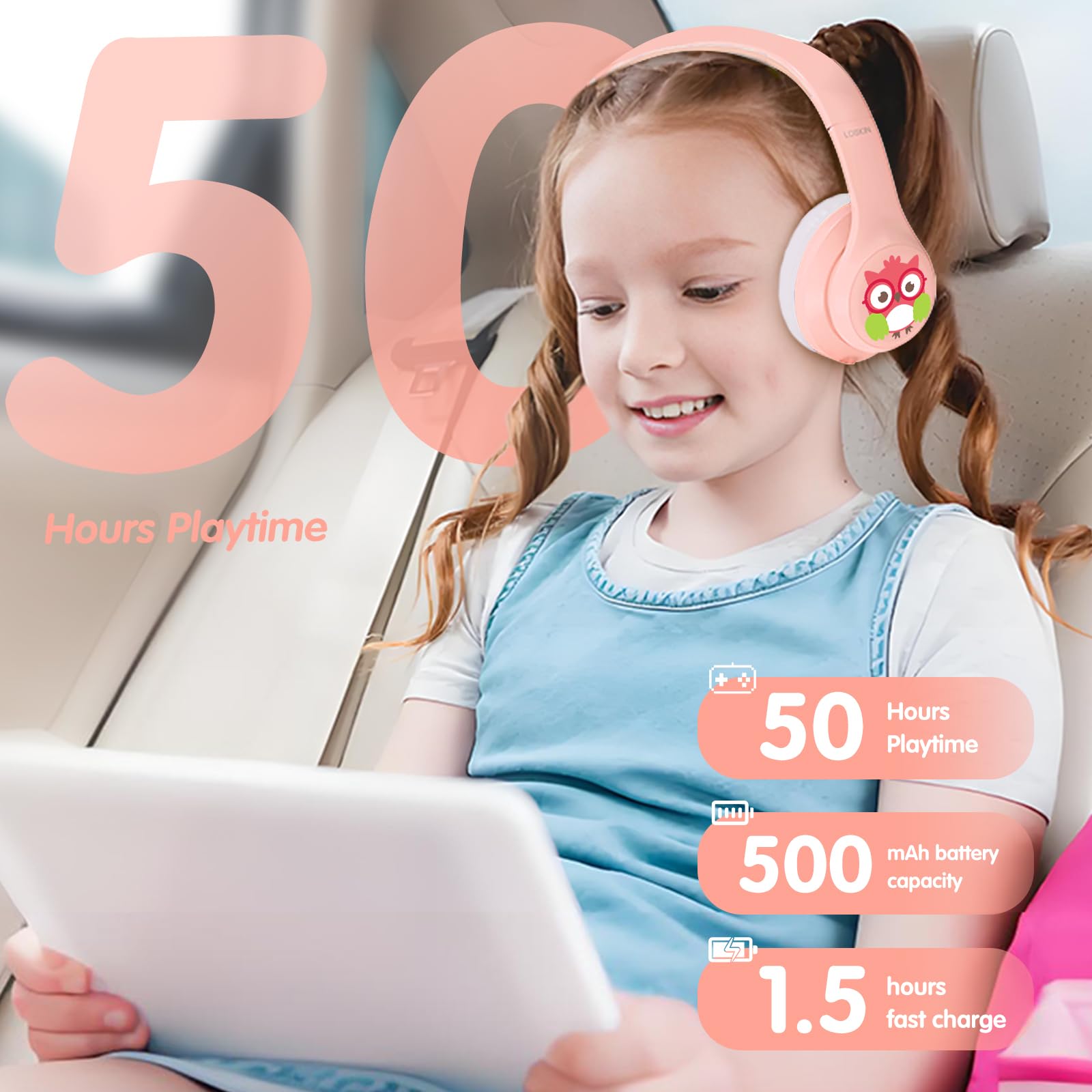 LOBKIN Auriculares Niños con Bolsa, Inalámbricos y con Cable, Auriculares Bluetooth Niños Niñas con Cancelación Activa de Ruido (ANC) Plegables Ajustable para Escuela, Viajes (Sin LED)