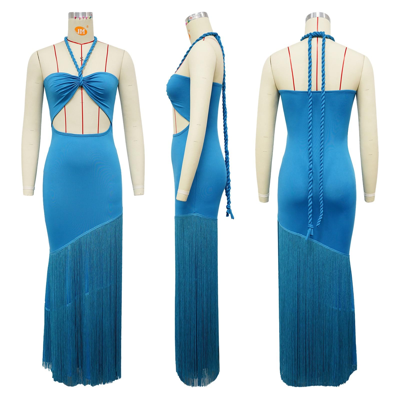 Generico Abito Lungo a Fascia Senza Spalline da Donna Allacciatura Frontale con Dettagli Cut-out e Orlo con Nappe