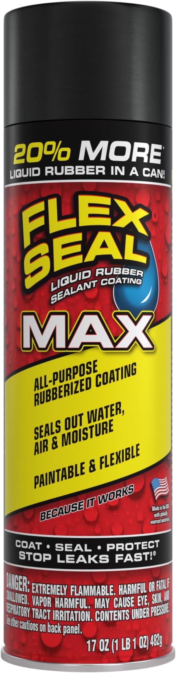 MAX, 17 oz, 1-Pack, Black, Stop Leaks Instantly, Waterproof Rubber Spray On Sealant Coating, Perfect for Gutters, Wood, RV, Campers, Roof Repair, Skylights, Windows, and More