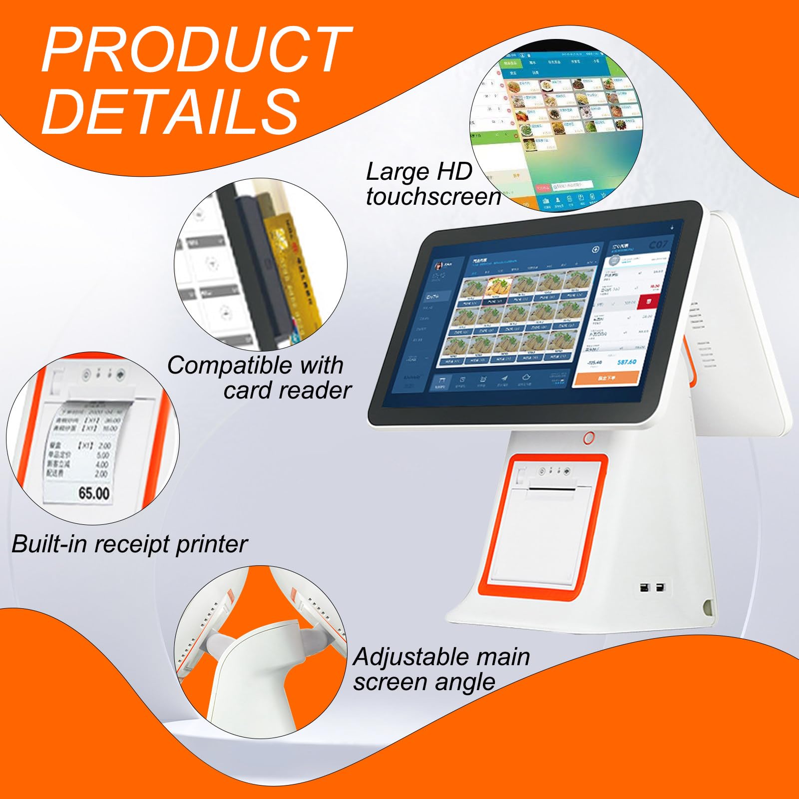 All-In-One-Smart-Kassen-Pos-System, Kassensystem Für Gastronomie & Einzelhandel, 15,6-Zoll-Verkaufskasse Mit Dual-Touchscreen, Für Pc-Pos Für Einzelhandel Und Gastronomie White-B