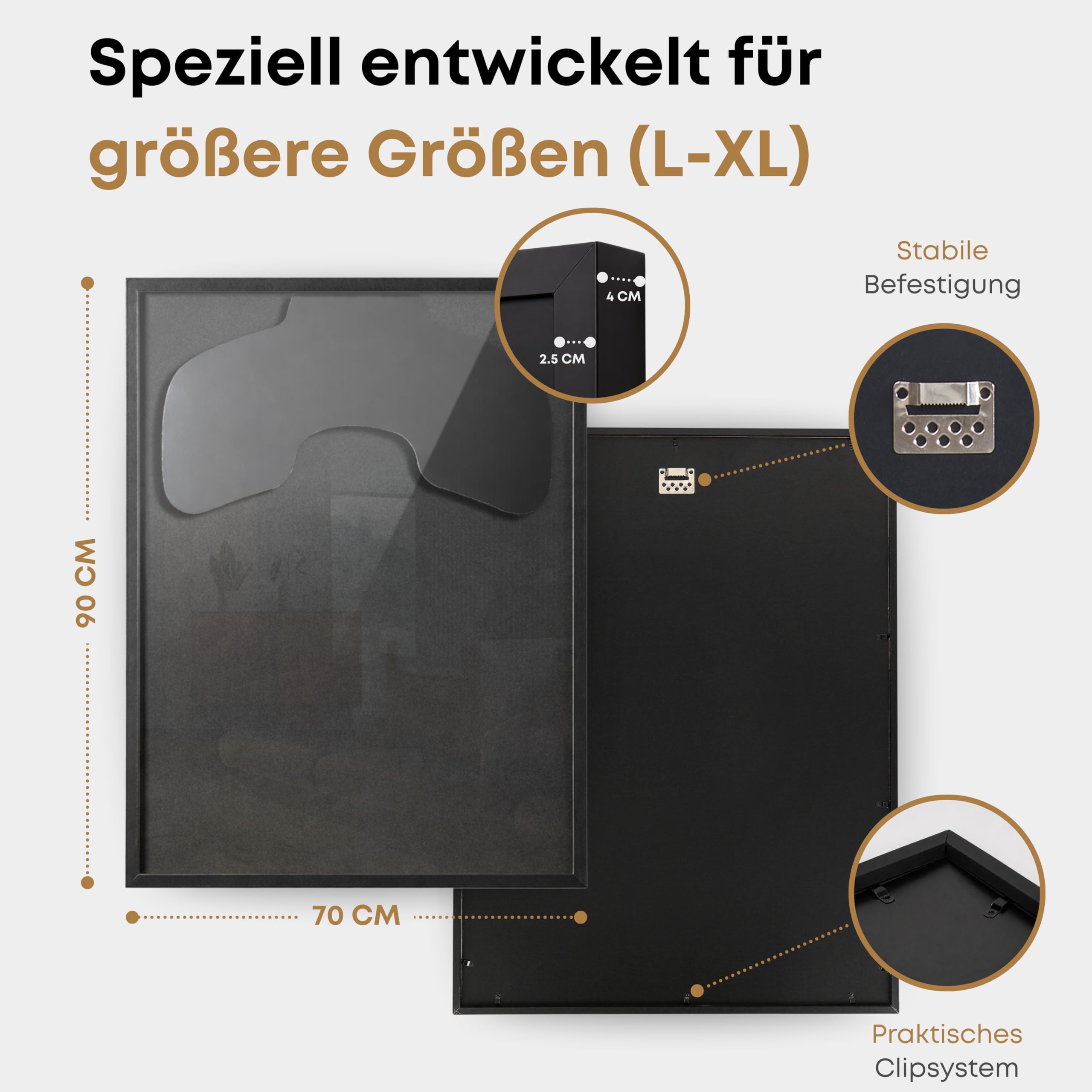ACAZA Trikotrahmen 70 x 90cm XL Groß, 3D Bilderrahmen tief zum befüllen mit Fußball-, Eishockey-, Rugby-, NBA-trikot, mit Aufhänger, Holz und Acrylglas, Schwarz