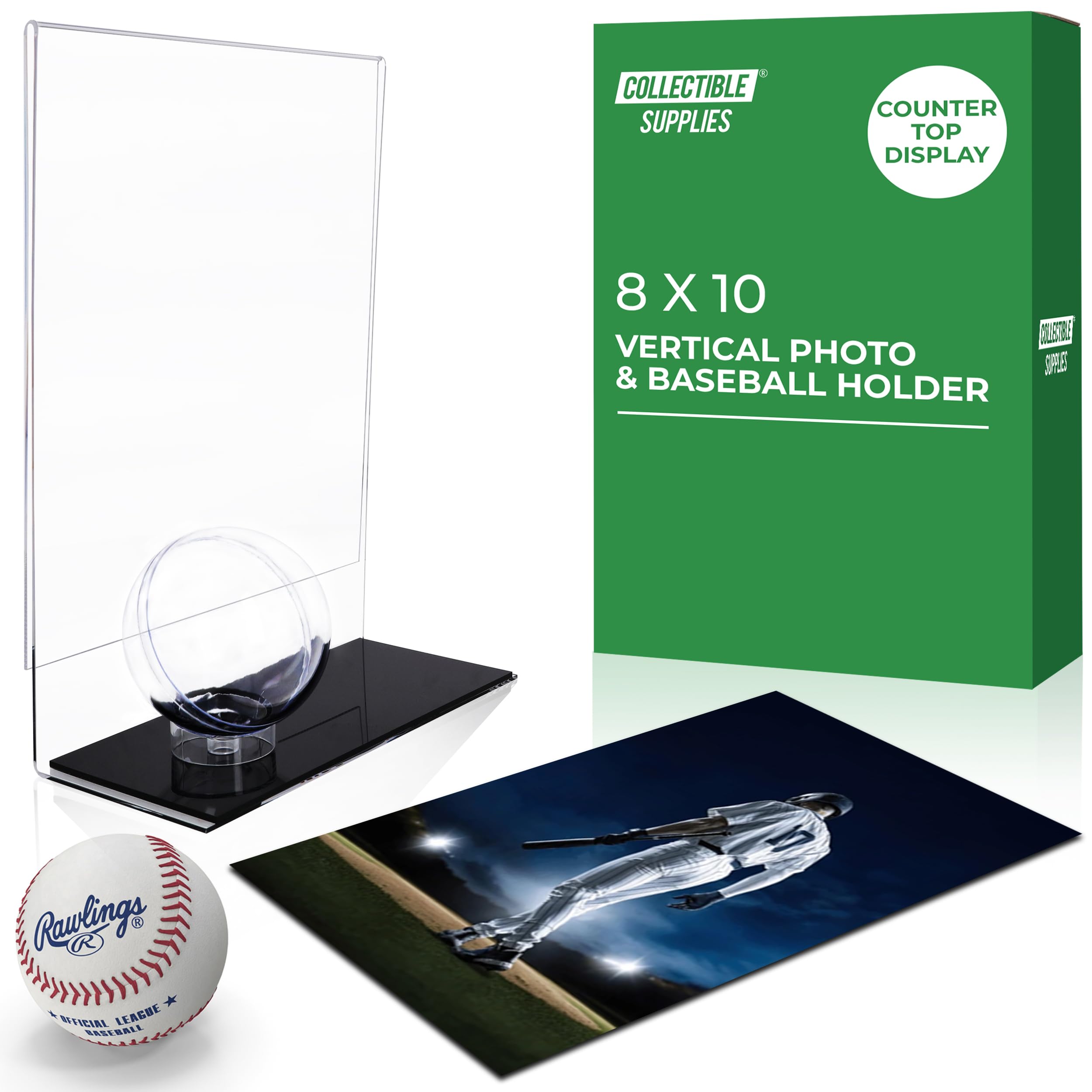 Vitrina acrílica individual de béisbol con soporte vertical para fotos de 8 x 10 pulgadas