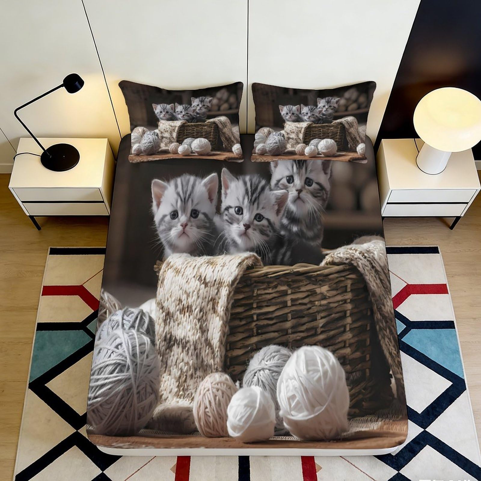 3D Printed soft touch Kitten Fitted Sheet, Yarn Basket Bed Sheet, Microfiber, wrinkle resistant, home decor, apartment bedding, bedroom 90x200x25cm