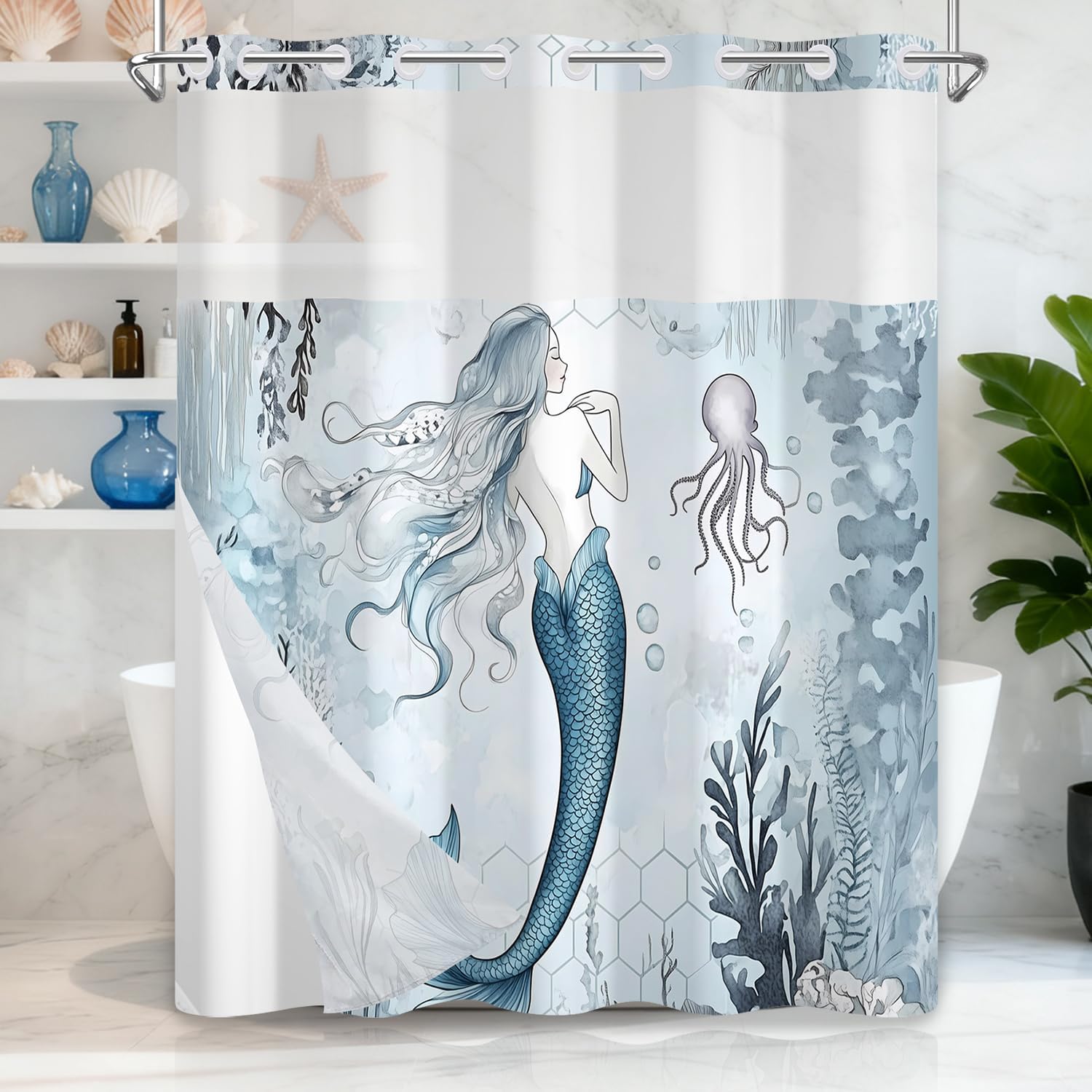 No Hook Mermaid Shower Curtain and Liner, Teal and Blue Sea Ocean Coastal Octopus Coral Bathroom Curtains Decor, Hotel Style Waterproof Fabric Shower Curtain with See Through Top Window, 71x74 Inch