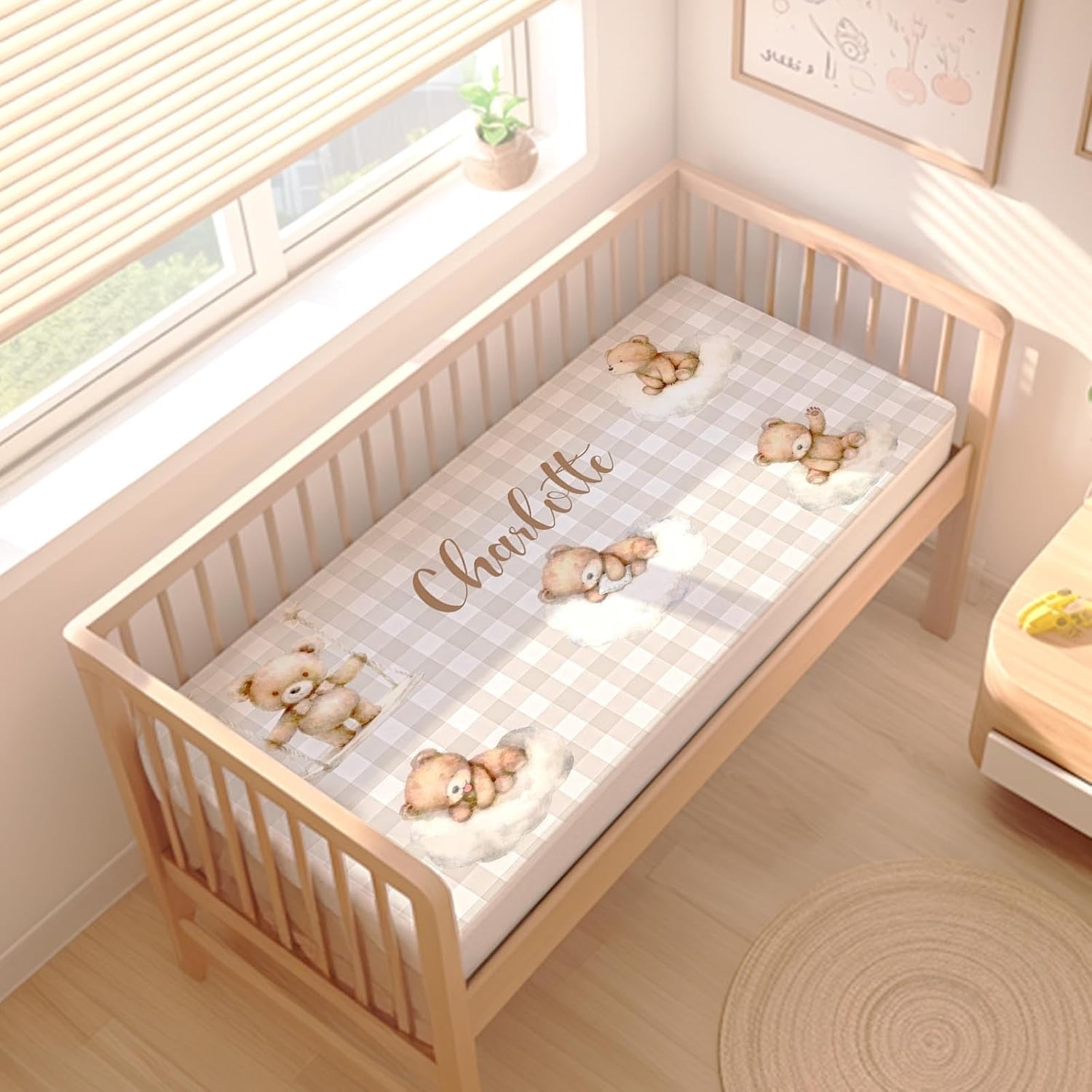 Personalized Bear & Cloud Baby Crib Bedding Set – Custom Name 3 Pcs Nursery Set for Boys & Girls, Soft Blanket, Fitted Sheet & Pillowcase – Infant Toddler Bedding, Shower Gift & Baby Nursery Decor