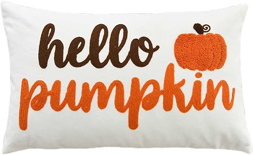 Funda de almohada bordada de otoño, funda de almohada lumbar con Hello Pumpkin de 12 x 20 pulgadas, solo funda