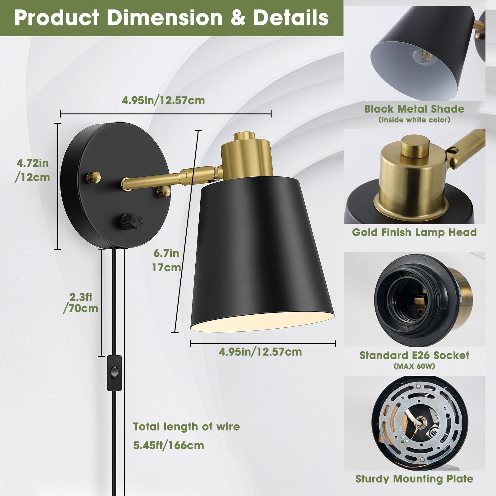 Lomoky Plug in Wall Sconces Set of 2, Dimmable Wall Lights with Plug in Cord and Dimmer On/Off Knob Switch, Adjustable Angle Black Wall Mounted Lamp for Bedside Bedroom Living Room (2 Bulbs Included)