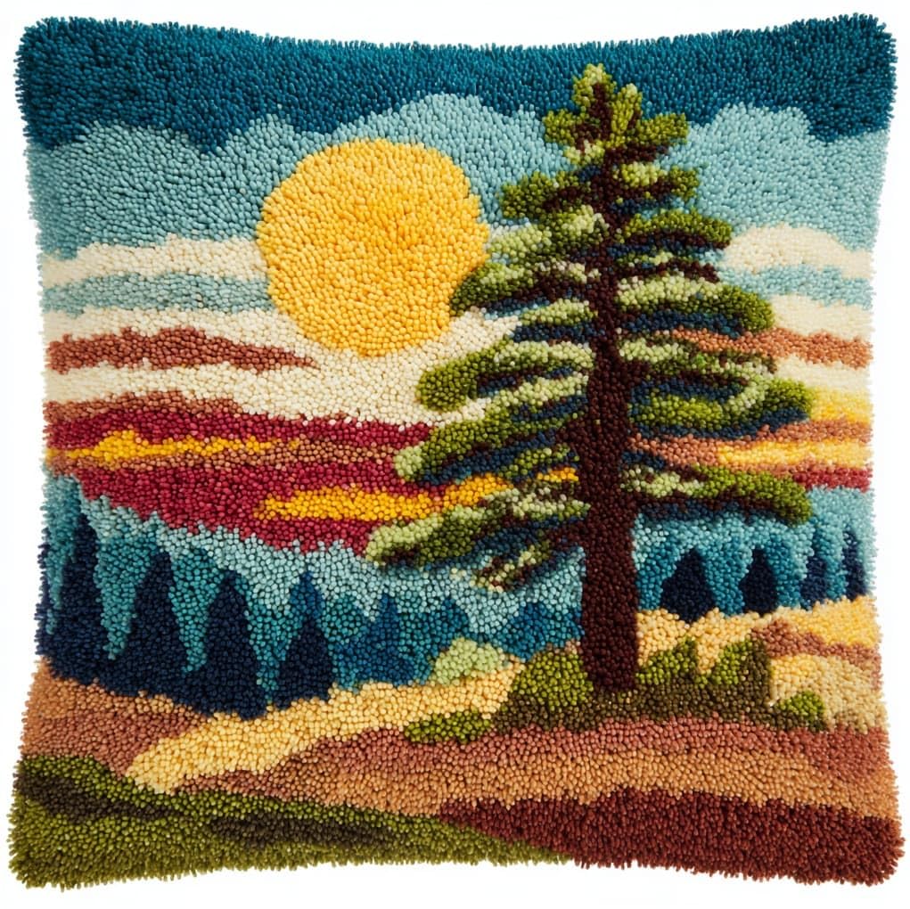WallustrioaW Latch Hook Cushion Kits for Adults,Sunset Pine Tree Landscape
