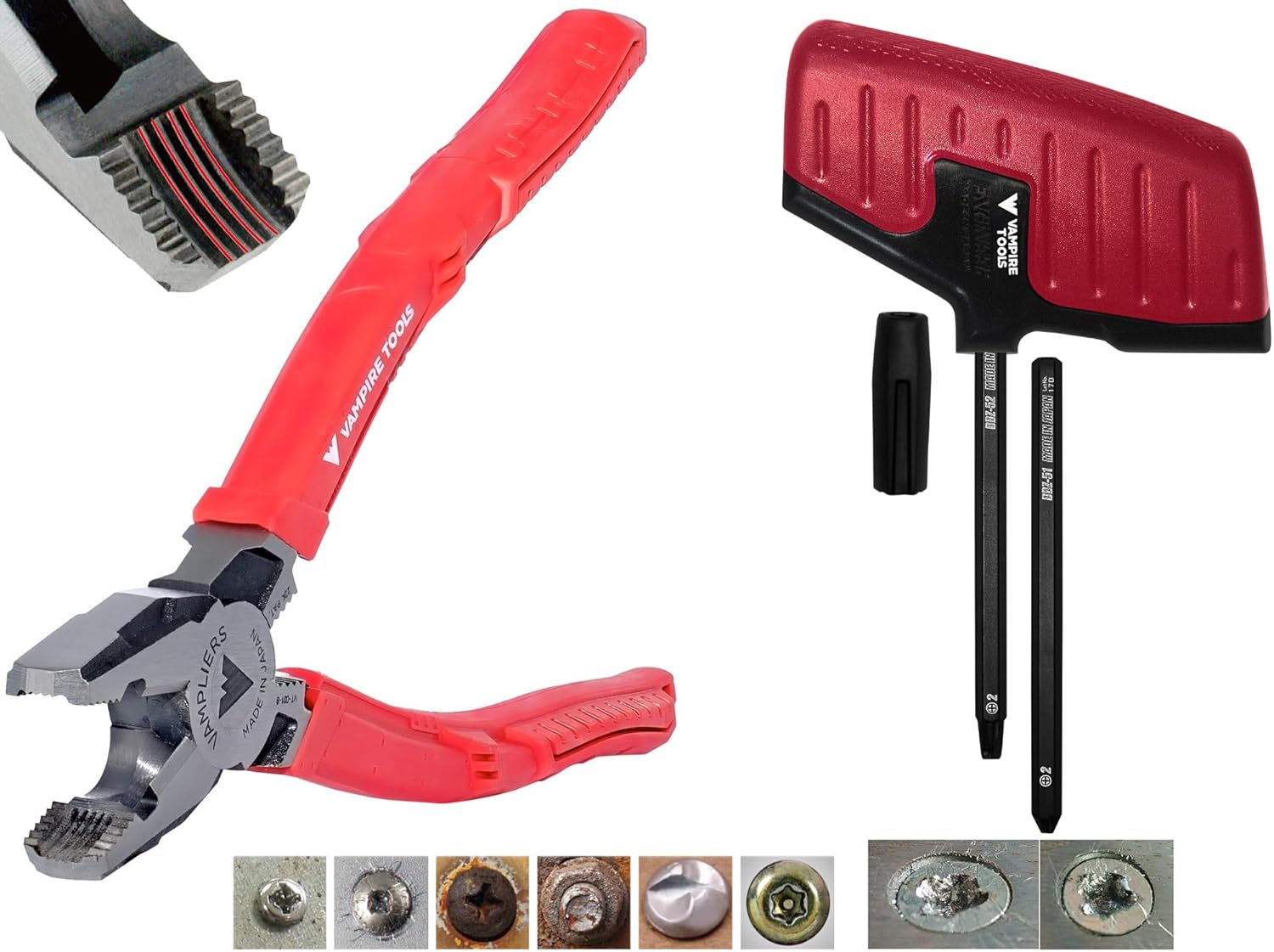 VAMPLIERS 2-PC Stripped Screw Extractor Tool Set. Made in Japan: 8" Linesman Plier + Recessed Screw Extractor. Remove any Rusted/Damaged/Specialty or Sunken Screws, Nuts and Bolts.