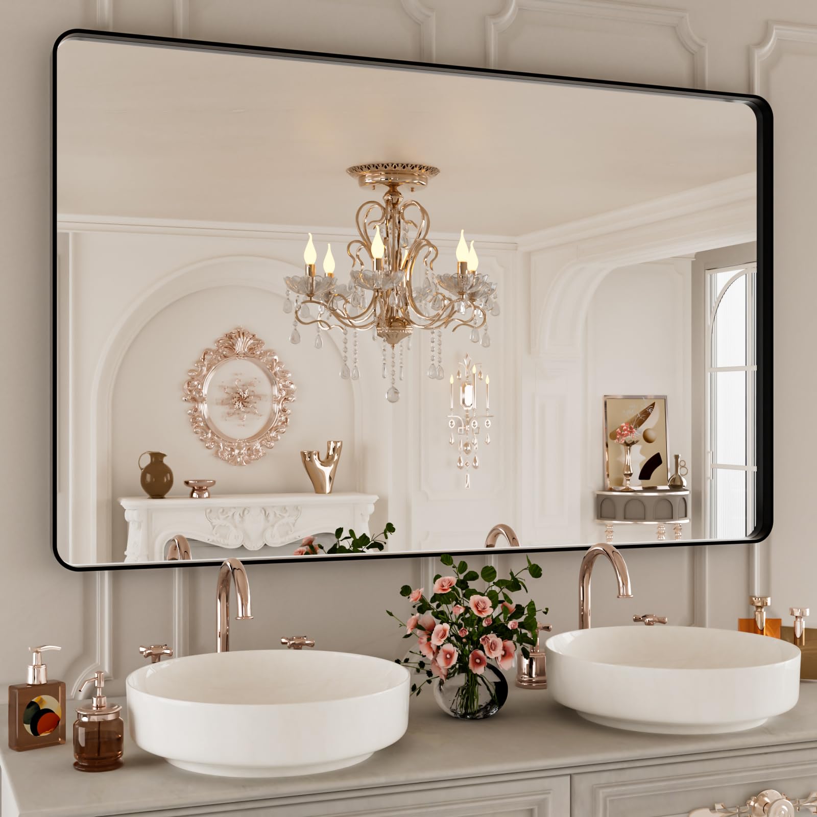 ISTRIPMF 48x30 Inch Black Bthroom Mirror,Black Metal Frame Vanity Mirror,Rounded Rectangular Matte Black Wall Mirrors,Tempered Glass,Anti-Rust,Horizontal or Vertical