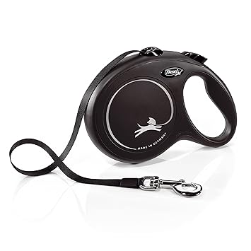 Flexi New Classic Automatic Dog Leash Pause and Lock, Retractable Comfortable One Hand Brake System Durable Non-Slip Handle Dog Walking and Training Leash Nylon Tape, Black 5m/16 ft Large | Leash fo