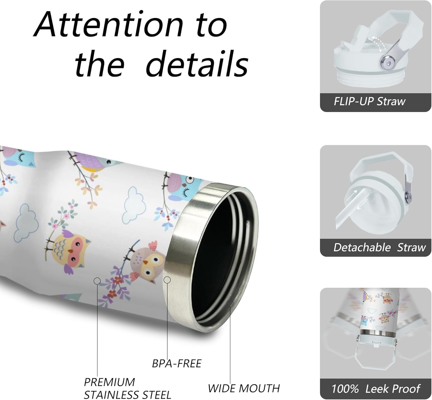 Owl Tumbler with Handle and Flip Straw for Women Men, 30oz Cute Stainless Steel Insulated Cup, Water Bottle Travel Coffee Mug, Gifts for Animal Lovers - Image 3