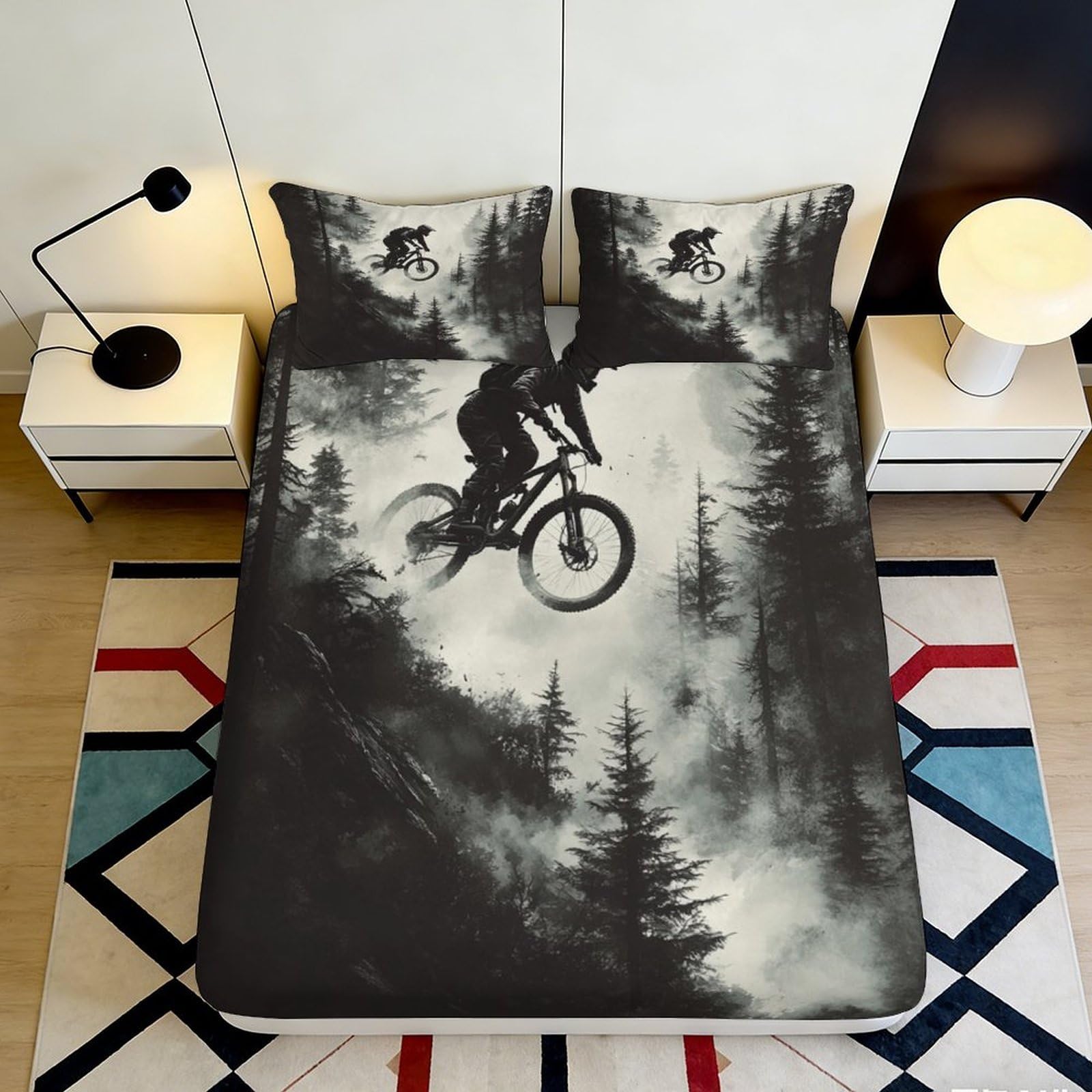 3D Printed Mountain Forest Fitted Sheet Microfiber Soft Biker Silhouette Bed Cover for Bedroom Dorm Mattress Protection Decor 90x200x25cm