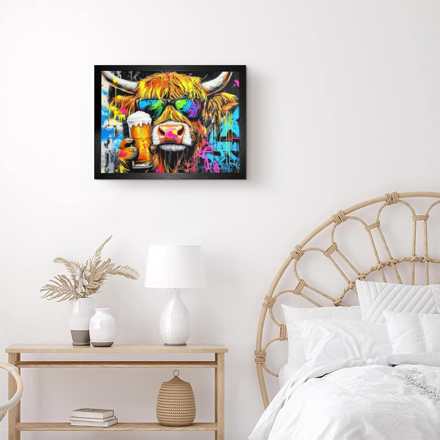 Framed Funny Highland Cow Kitchen Canvas Wall Art Graffiti Rustic Cow Bathroom Picture Wall Decor Farmhouse Western Animal Cattle Picture Bathroom Painting Watercolor Artwork Kitchen Home12x16 inch