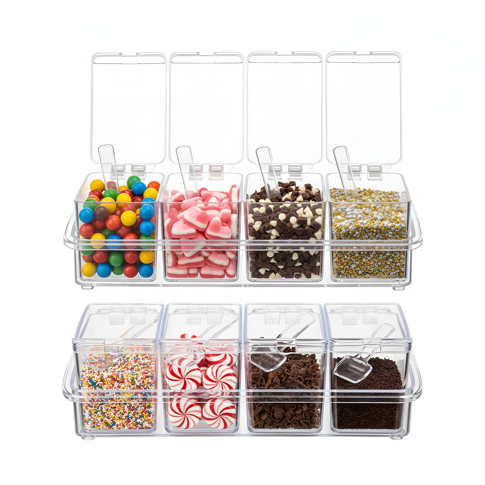 Wiojtry 8 Pcs Sugar Bowls with Lid and Spoon Ice Cream Toppings Bar kit and Candy Spices Organizer Set Toppings Tray Salts Sugar Dispenser Jars Spoon Storage Square Boxes Kitchen Ingredient Holder