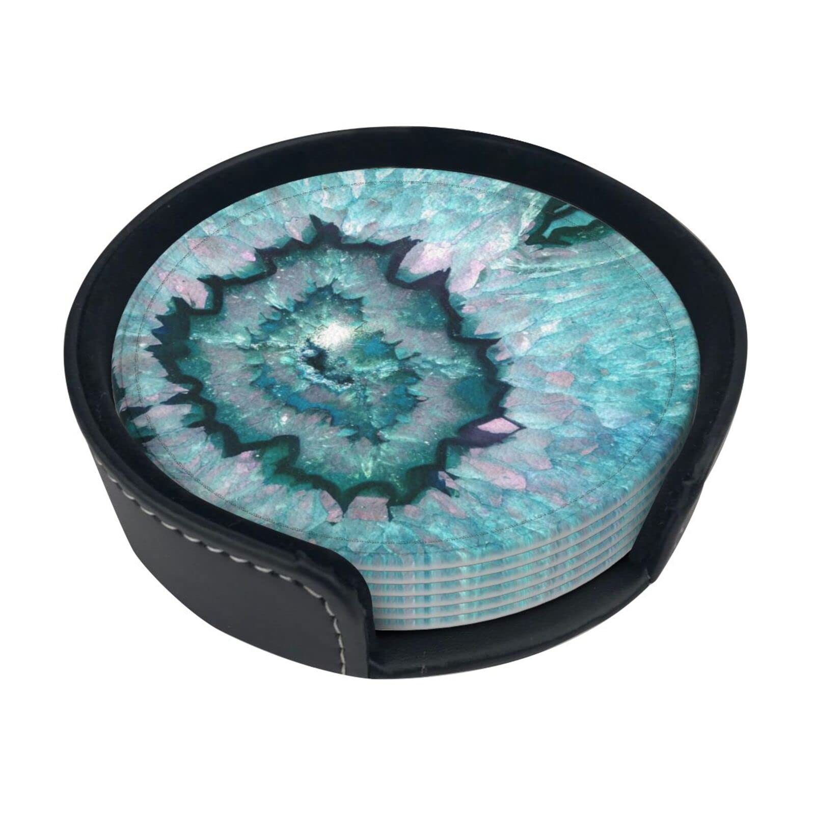 Alteko Teal Coasters Set Of 6 Agate Print Leather Coasters For Drinks,Home Décor And Housewarming Gift