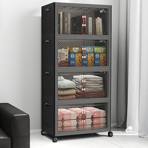 UAMFURI Stackable Storage Bins with Lids, 192QT Closet Organizers, Lockable Storage Cabinet，Foldable Storage Box with Doors and Wheels, Plastic Drawers for Home, Garage, Office (4, Black, Medium)