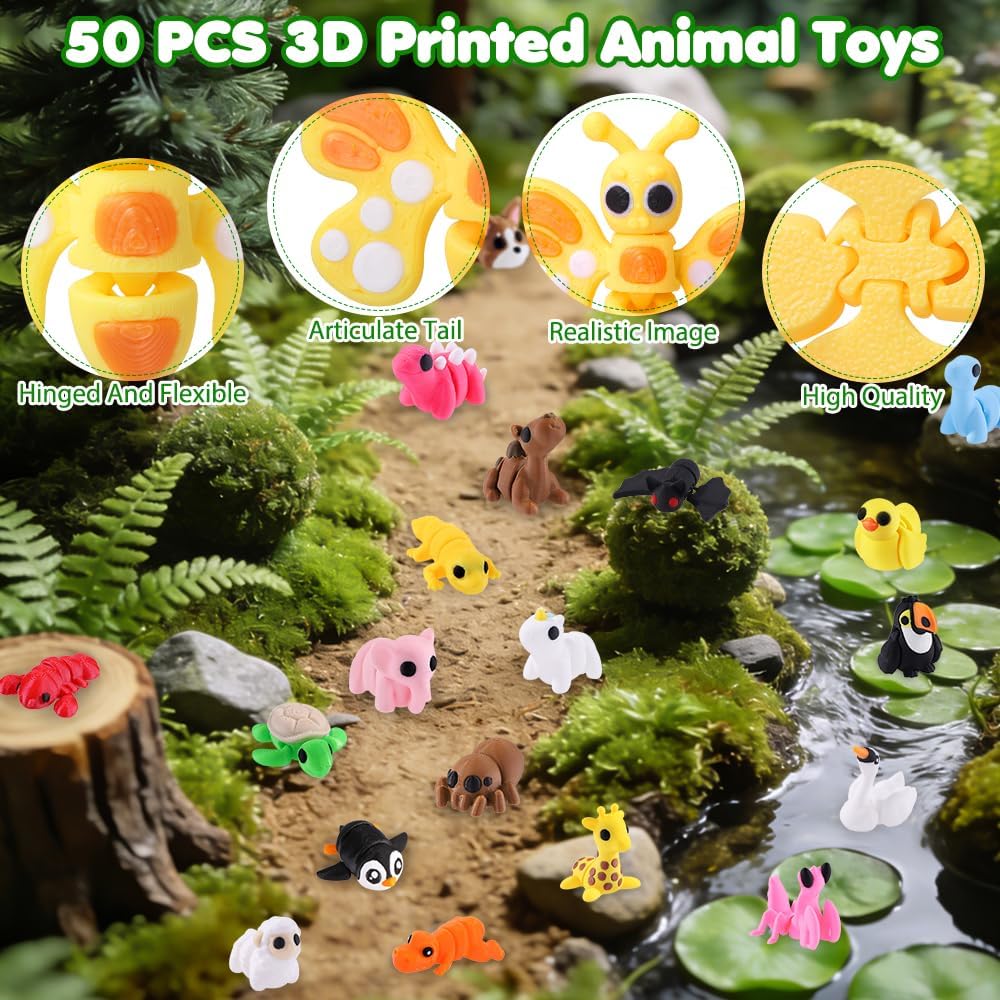 JOICEE 50 Pcs Mini 3D Printed Animal Figurines Set, Articulated Flexible Fidget Toys Cute Desk Pets Decor for Kids Party Favors Birthday Gifts Classroom Rewards Office Home Decorations