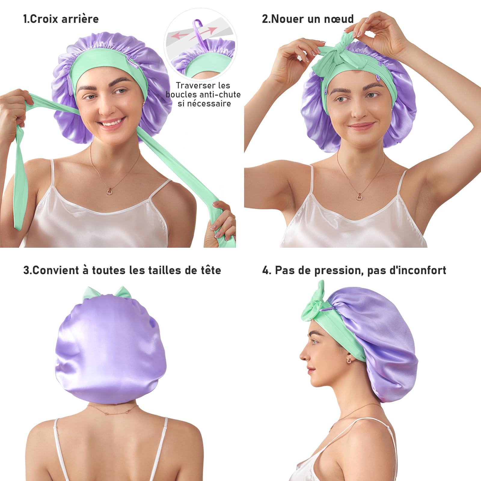 LitBear Bonnet de Nuit 100% Soie Mûrier pour Femmes, 6A 22 Momme, Grand Cache-Cheveux en Soie à Double Couche avec Bande à Nouer, Turban en Soie Antidérapant