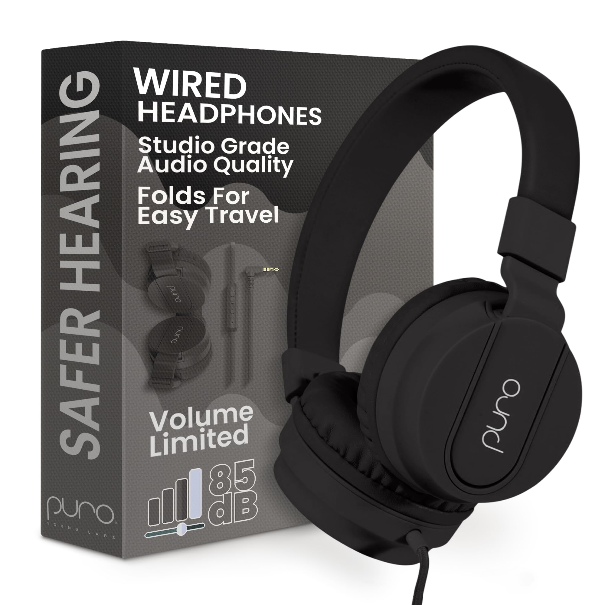 Puro Sound Labs PuroBasic Kid Headphones with Cord - Volume-Limiting & Adjustable with Microphone – Compatible with Smartphones, Tablets, PCs, and More – Safe, Durable Headphones for Kids – Black