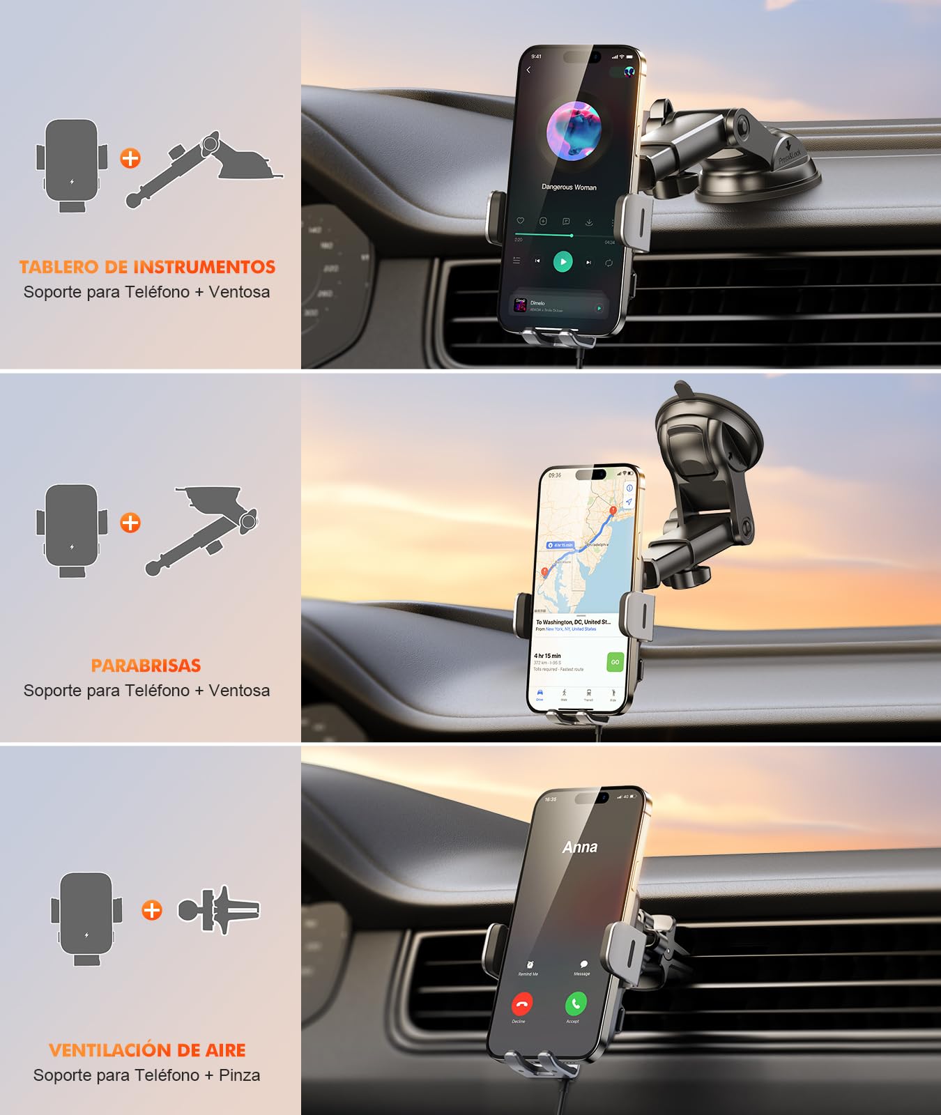 ISEYOU 15W Cargador Inalambrico Coche, [Sujeción Automático] Soporte Movil Coche Cargador Inalambrico, Wireless Car Charger con Ventosa y Clip de Ventilación, Compatible con iPhone 17/16/15/14, etc.
