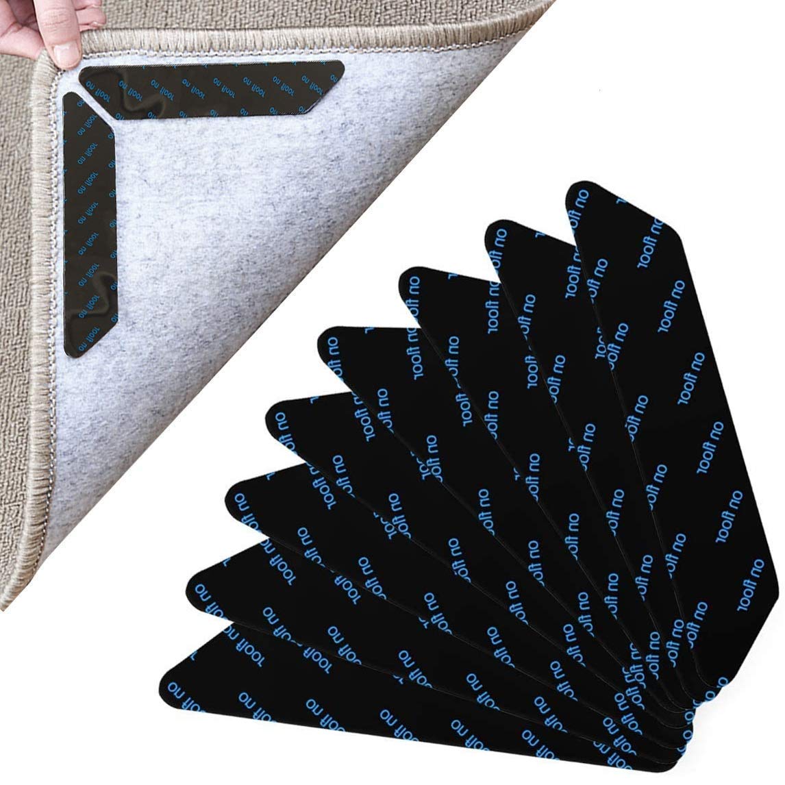 Rug Gripper, 8Pcs Double Sided Anti Curling Carpet Grippers Underlay, Washable and Reusable Carpet Non Anti Slip Rug Grip for Wooden, Tile, Marble, and Linoleum Floors (8PCS Strip)