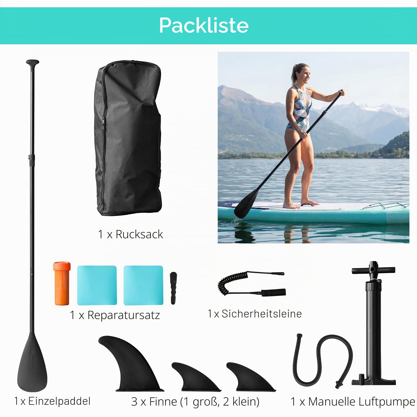 Inflatable Stand Up Paddle Board 320cm,SUP Board Set mit Zubehör, UV-beständig, hohe Stabilität bis 200kg, mit Pumpe, Rucksack & Paddel, für Anfänger & Fortgeschrittene
