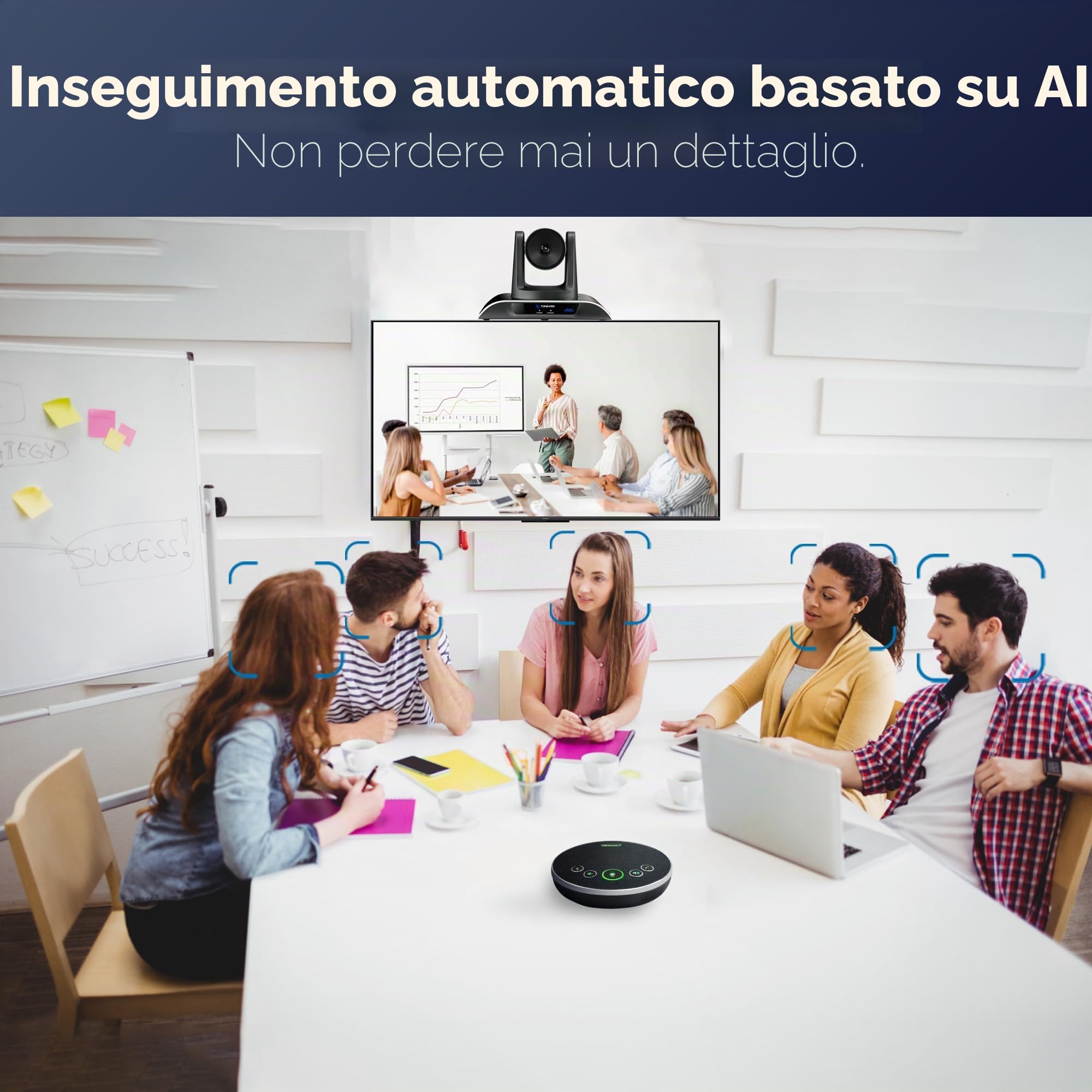 TONGVEO Telecamera per sala conferenze 4K all-in-1 con microfono Bluetooth, rilevamento automatico AI Zoom digitale 5X USB 3.0 Telecamera PTZ grandangolare da 124° e vivavoce per Team Zoom Skype e