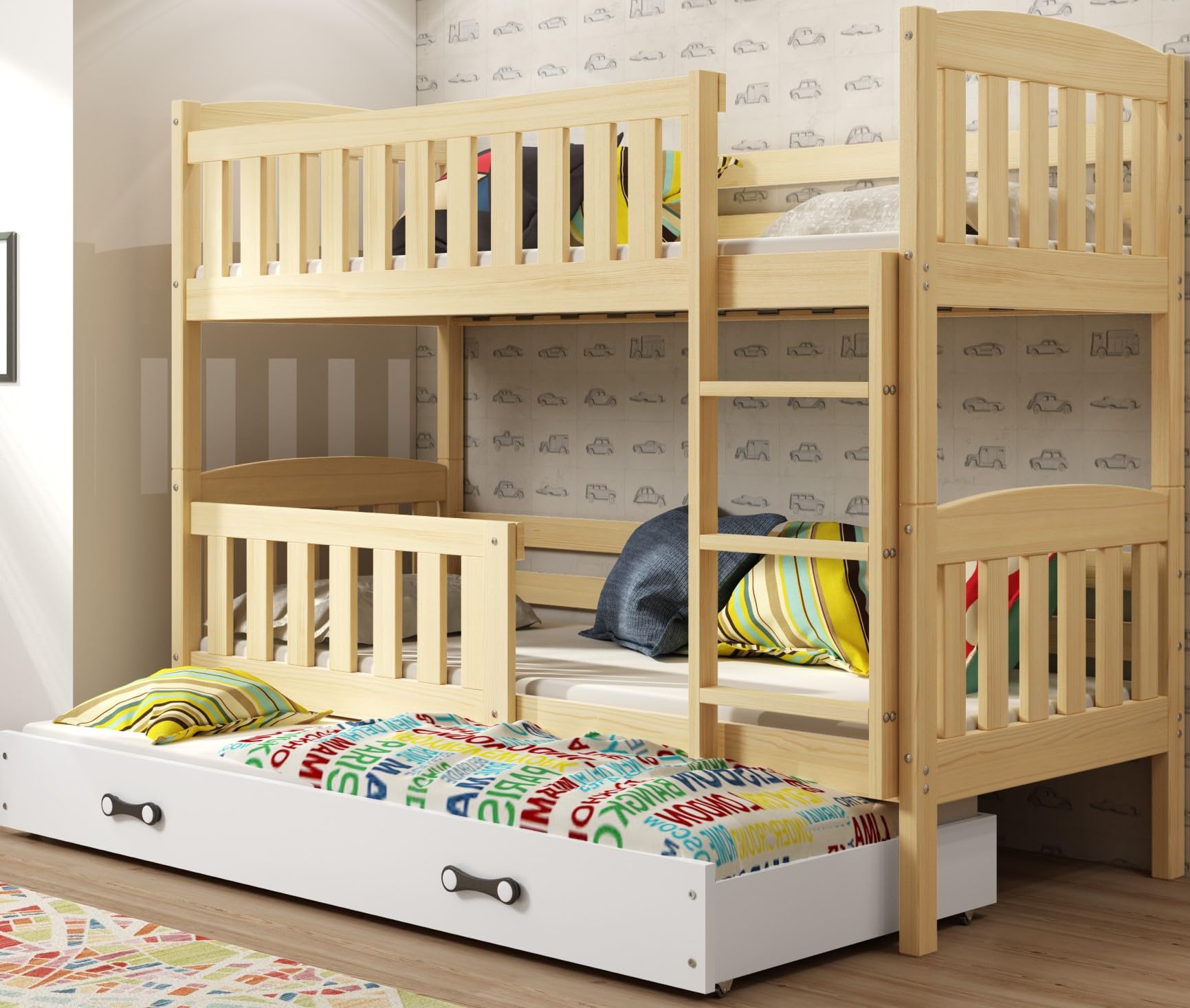 Lit Superposé QUBA- Interbeds- 90x200 -en Bois De Pin Massif- Barrière De Sécurité-sommier-tiroir- Enfant Et Adulte-séparable En 2 Lit-2 Places-Sans Matelas (blanc) QUBA