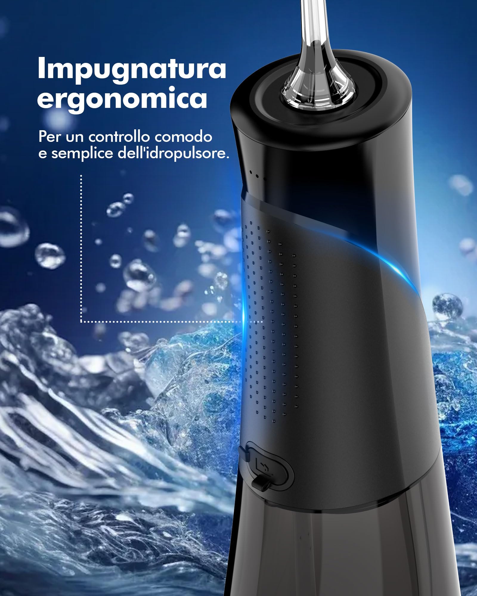 Idropulsore Dentale con 5 Modalità e 6 Beccucci - Design Portatile e Ricaricabile, Serbatoio da 300ml, Pulizia Profonda per Denti e Gengive, Impermeabile IPX7（nero）