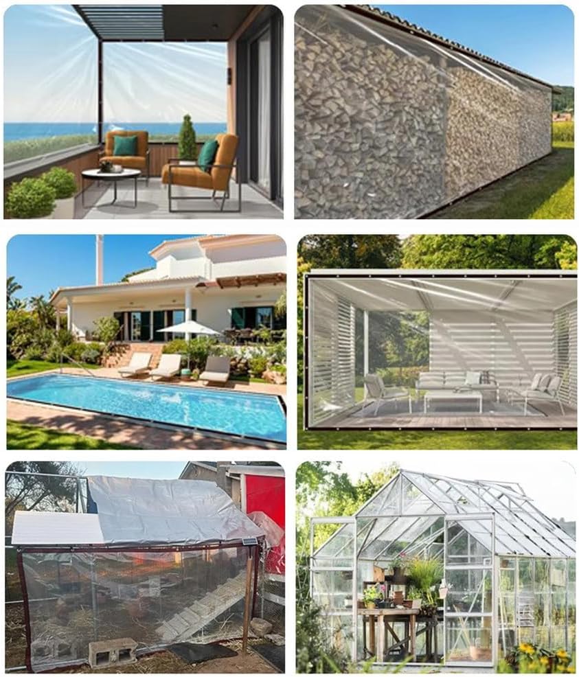 防水PE透明タープ、破れ防止、風除け、UVカット機能付き透明タープ、屋外パティオ、ポーチ、庭、ガゼボ用,Clear,5x8m