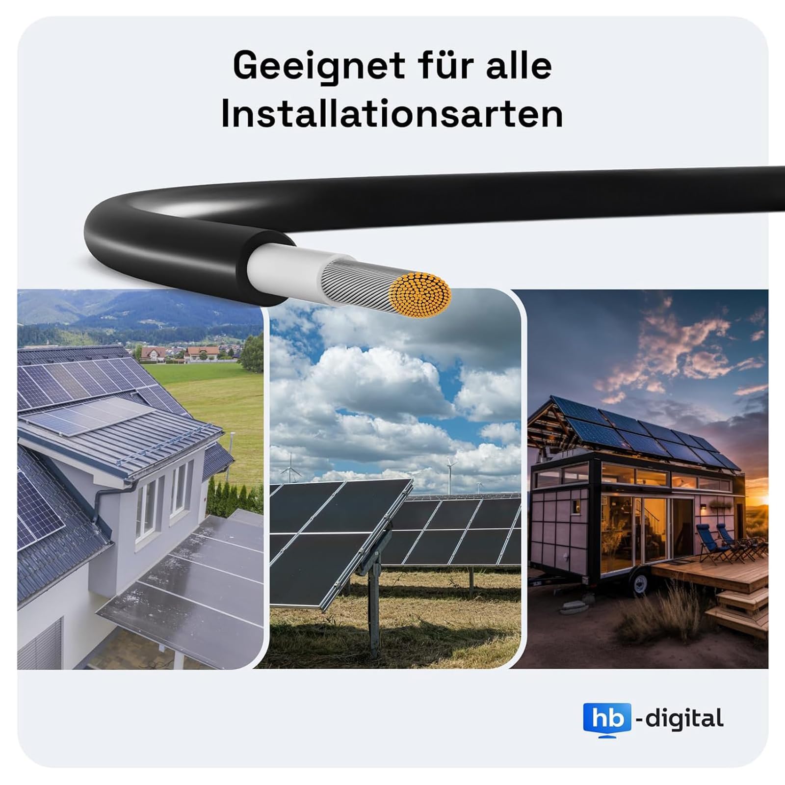 hb-digital 100m Cable solar 6 mm2 H1Z2Z2-K Probado por TÜV Rheinland Resistente a los rayos UV Flexible Cobre puro 1500 V Cable de extensión fotovoltaico para panel solar placa