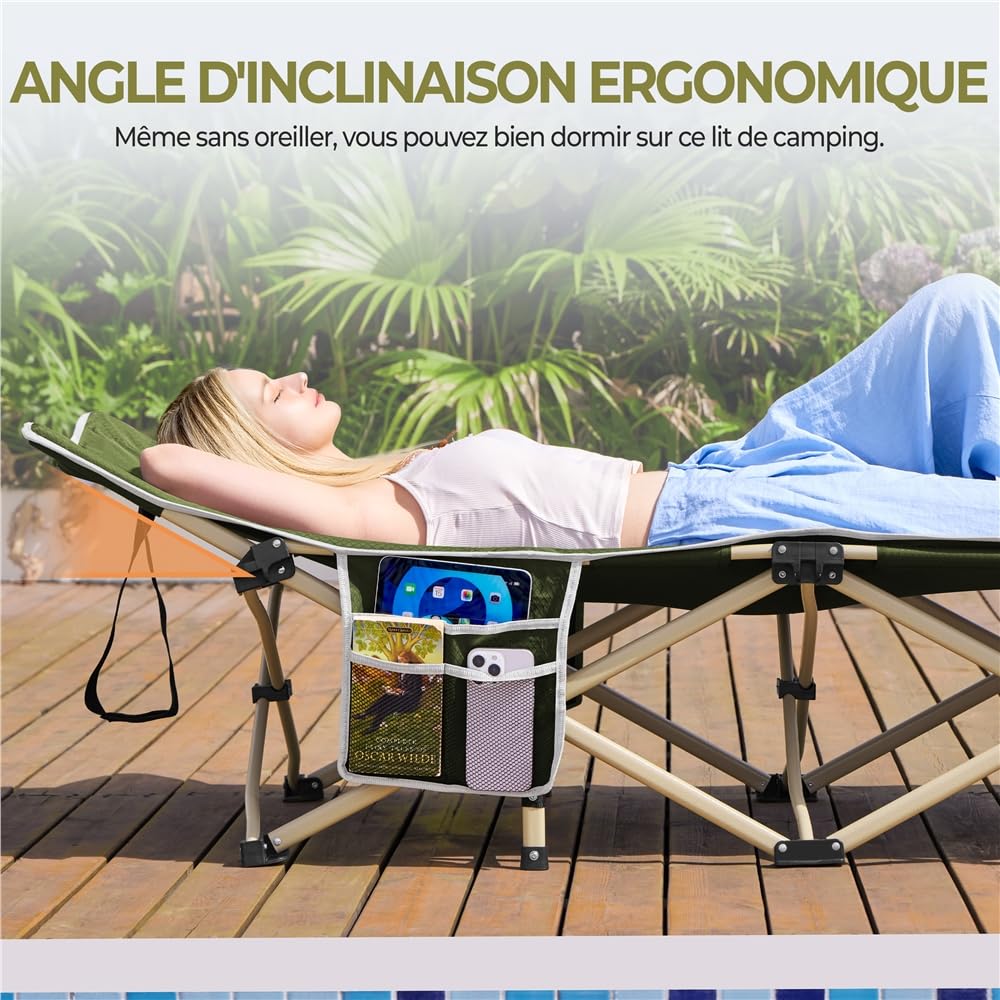 Yaheetech Lit de Camping Pliant avec Sac de Transport 150 kg Lit de Camp Extérieur Portable pour Voyage/Randonnée 186×66×52 cm Vert Militaire