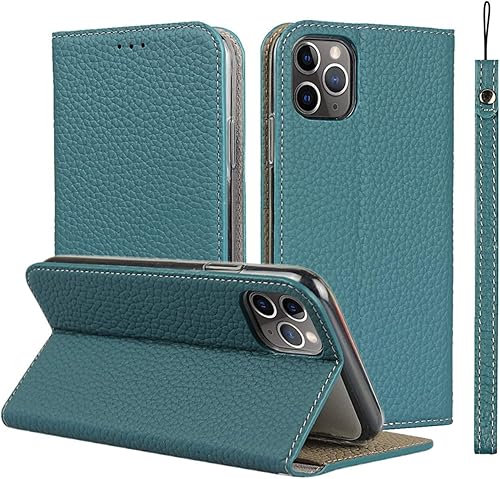 iCoverCase - Funda de piel auténtica para iPhone 11 Pro Max, con correa para la muñeca y ranuras para tarjetas, cierre magnético, función atril para