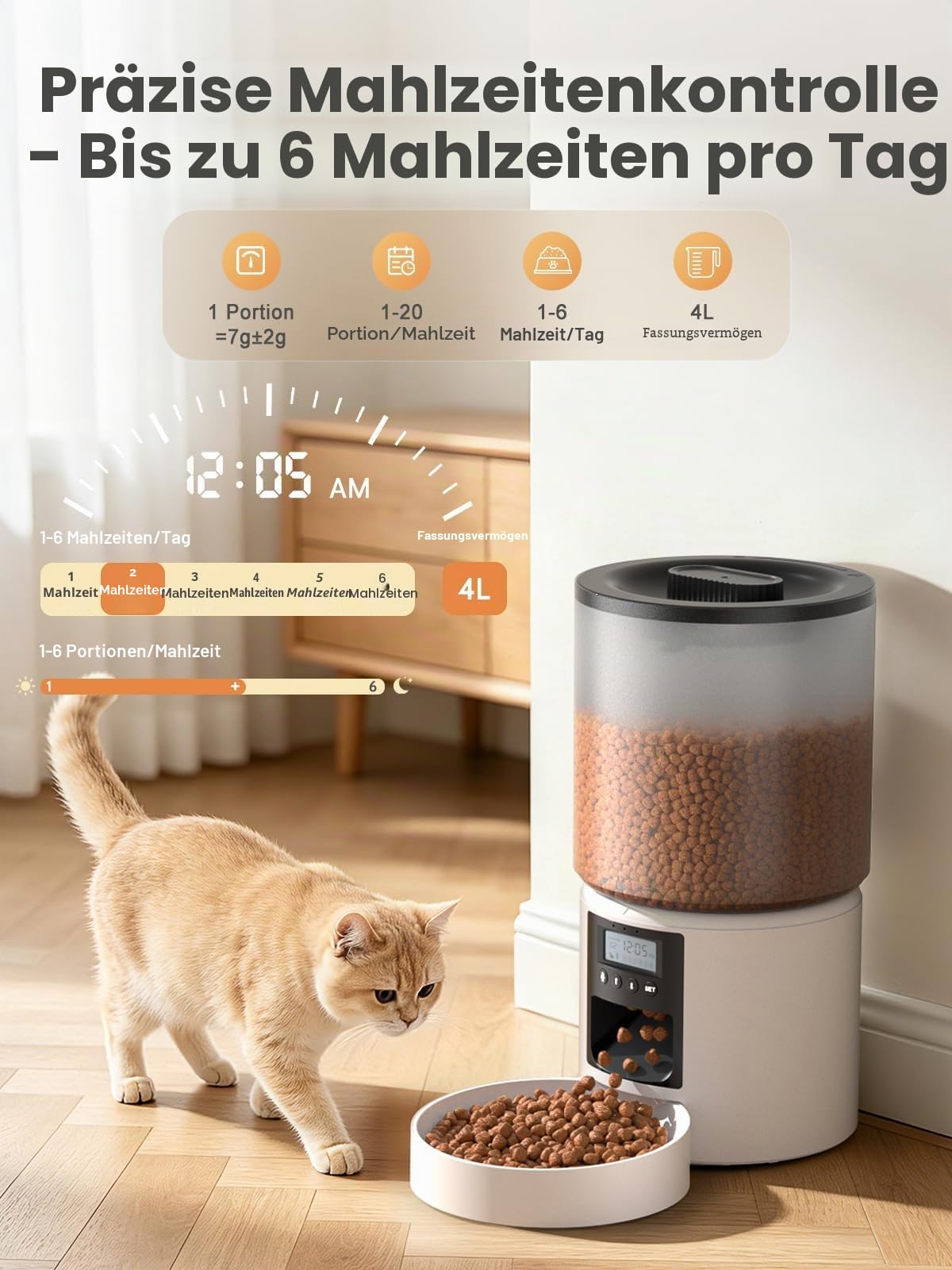 Futterautomat Katze 4L mit Timer, Katzenfutter Automat programmierbar 1–6 Fütterungen Portionskontrolle, Futterspender Katze mit 10s Sprachaufnahme Dual-Strom für kleine & mittlere Haustiere