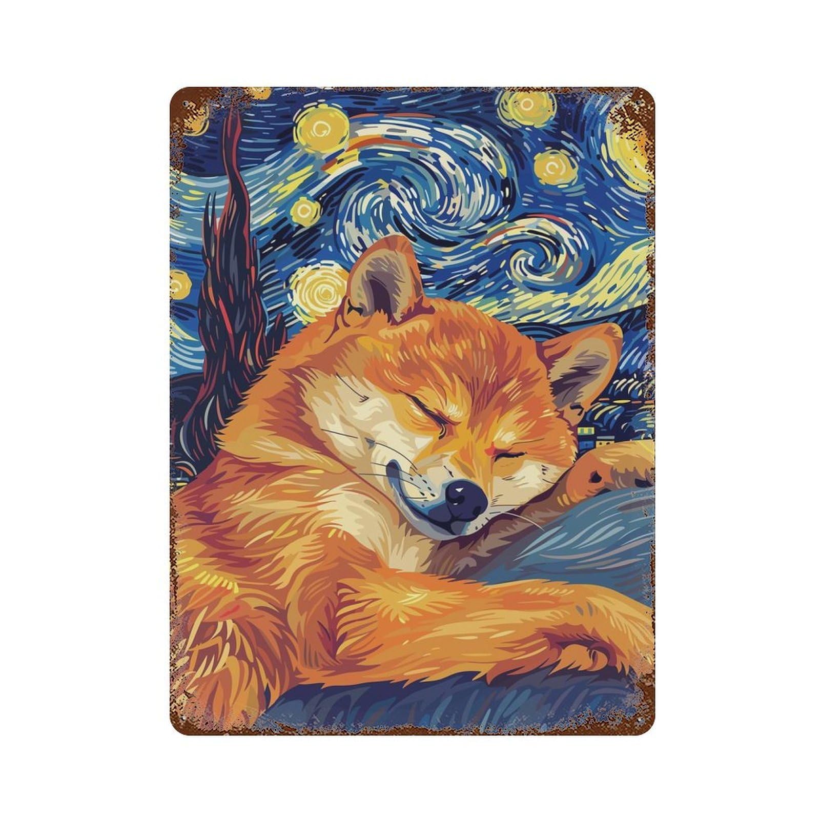 Garage Style Shiba Inu Starry Night Parody Art Rustic Tin Plaque 15.7"x11.8", Classic Wall Plaque for Bar And Workshop