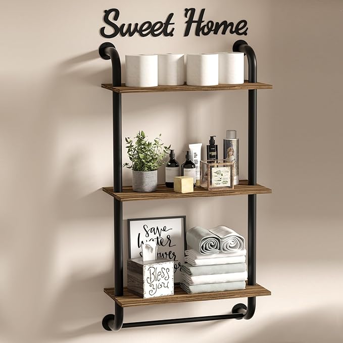 Bathroom Shelves Wall Mounted, 3-Tier Rustic Wood Wall Shelf, 17.3 inch Industrial Pipe Floating Shelf for Bathroom,Kitchen,Bedroom,Living Room,Brown