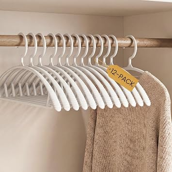 Damita 12-Pack Plastic Clothes Hangers, No Shoulder Bump Sweater Hangers, Heavy Duty Space Saving Closet Organizers with Reinforced Fixed Hook, Non Slip White for Suits, Coats, Dresses