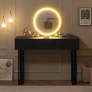 Black Vanity Desk with Mirror and Lights, Small Makeup Vanity with 2 Drawers, Modern Vanity Organizer with 3 Color Lights&Adjustable Brightness, Dressing Table for Bedroom