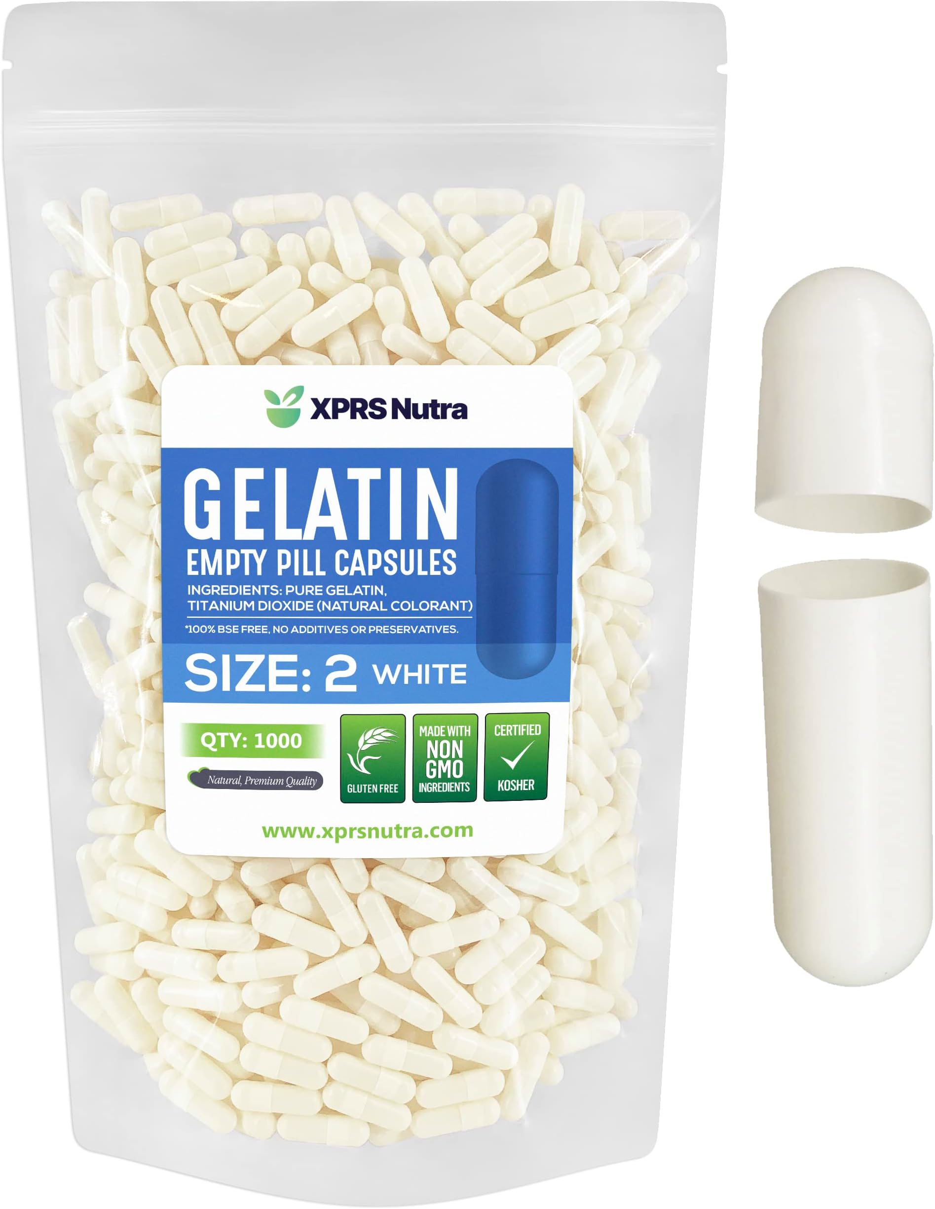 Size 2 Empty Capsules - 1000 Count Empty Gelatin Capsules - Pills DIY Capsule Filling - Pure Bovine Pill Gel Caps for Do-It-Yourself Supplements (White)