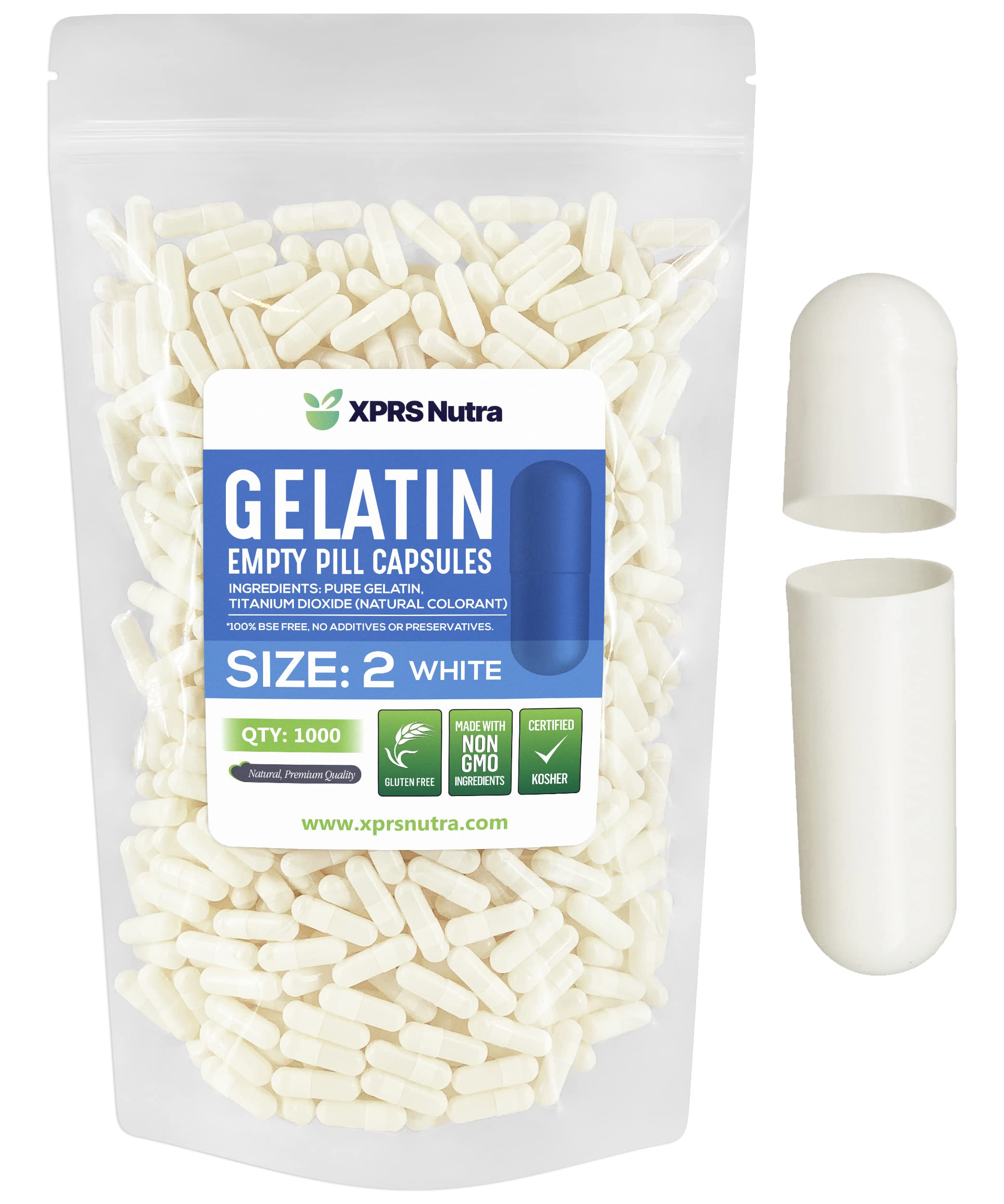 Size 2 Empty Capsules - 1000 Count Empty Gelatin Capsules - Pills DIY Capsule Filling - Pure Bovine Pill Gel Caps for Do-It-Yourself Supplements (White)