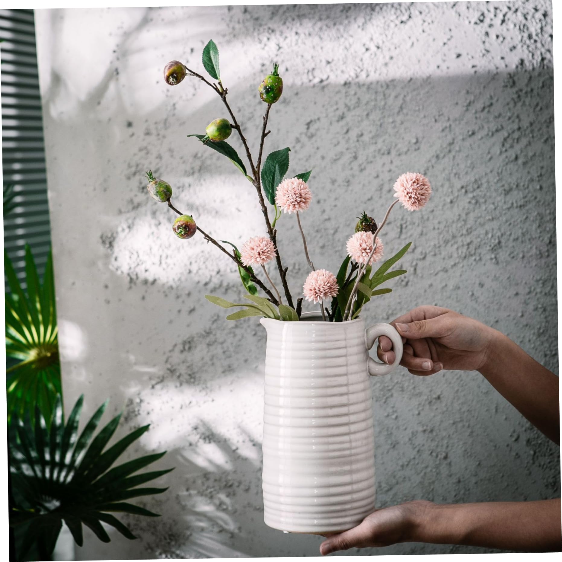 Vaso in ceramica bianca, vaso da 8 brocche alte con manico Brocca per il latte decorativa in ceramica strutturata moderna rustica stile rustico stile rustico per tavolo da pranzo Fiori.