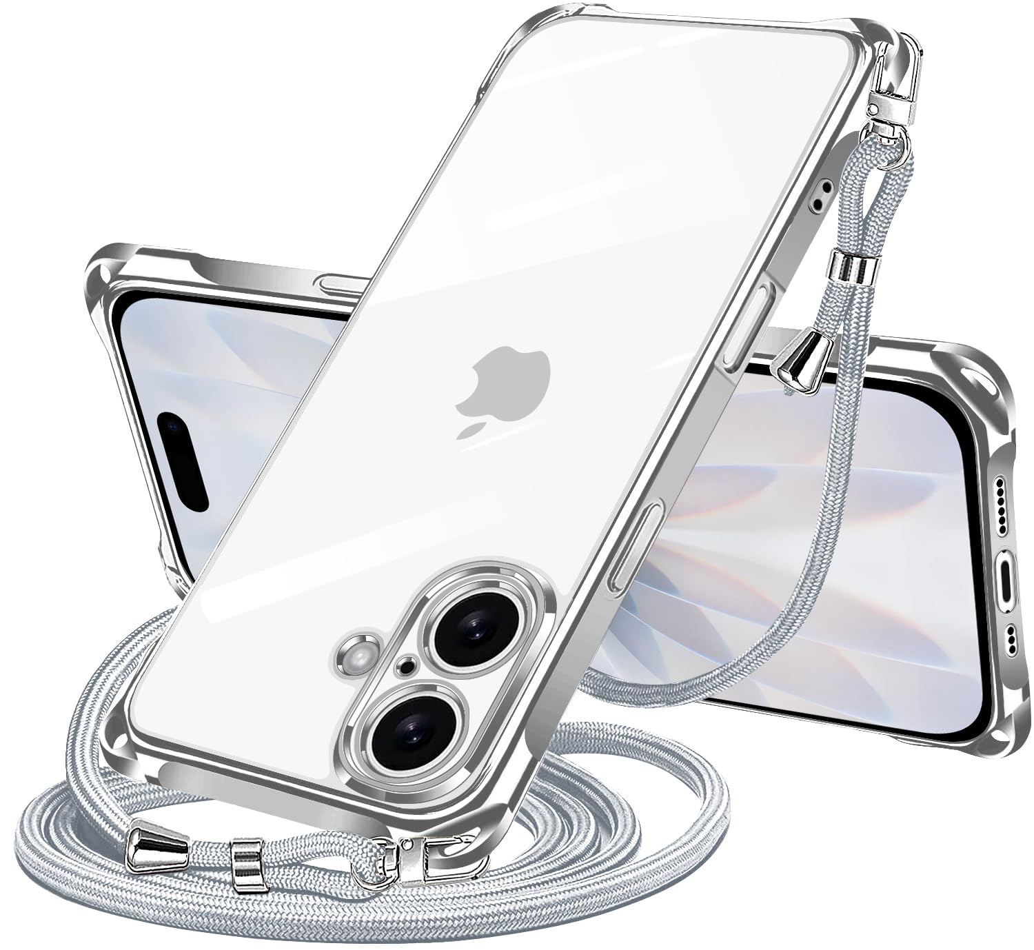 NISIILNG iPhone 17 用 ケース クリア ショルダー iPhone17 スマホケース アイフォン17 カバー 肩掛け 斜めかけ 縄掛けケース 透明 薄型 軽量 耐衝撃 TPU ストラップ付き 紐付き 斜めがけ 織りストラップ付き ネックストラップ ショルダー 縦/横 2WAY 長さ調整可能 取り外し可能 落下防止 紛失防止 (シルバー)