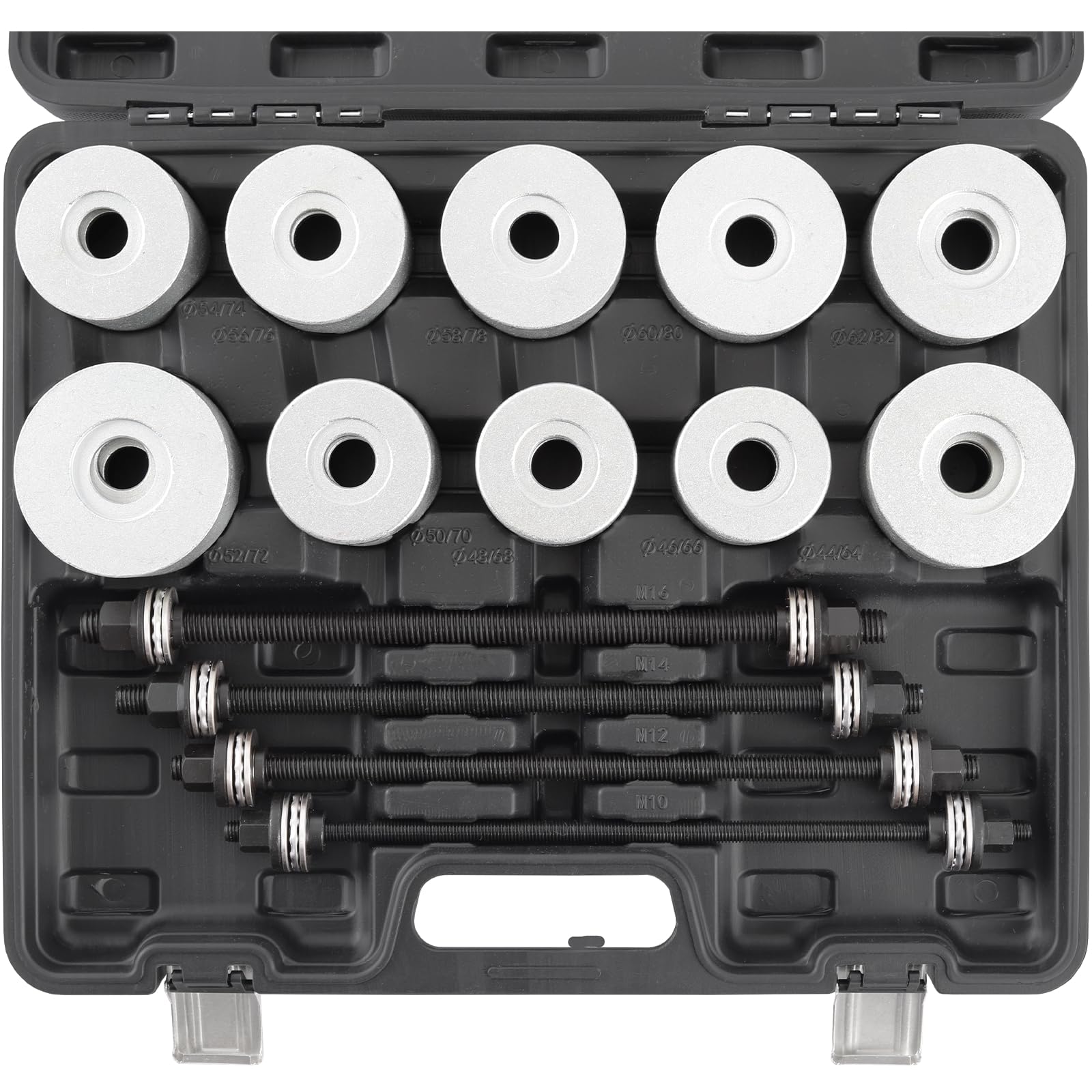 TECPO Radlager-Werkzeug-Satz, 26-teilig, universelles Werkzeugset zur Montage & Demontage von Silentlagern, Zug- & Druckhülsen-Satz, Gummilager und Kugellager, 5 Spindeln M10 - M18 & 22 Druckstücke