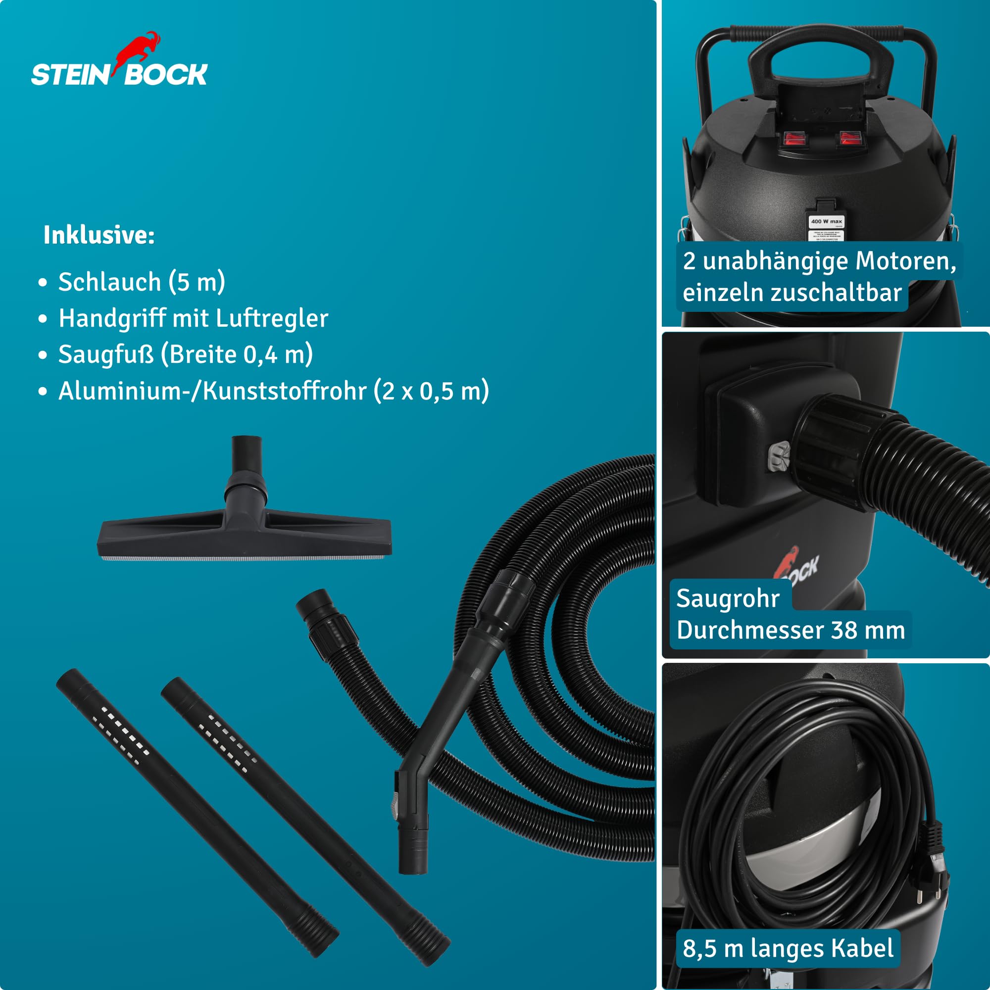 Steinbock Pumpsauger | 2.400 Watt | 90 l Kunststoffbehälter | Nasssauger mit integrierter Tauchpumpe für effizientes Abpumpen | Wasserdurchfluss-Ventil | Durchgehende Flüssigkeitsaufnahme und -abfuhr