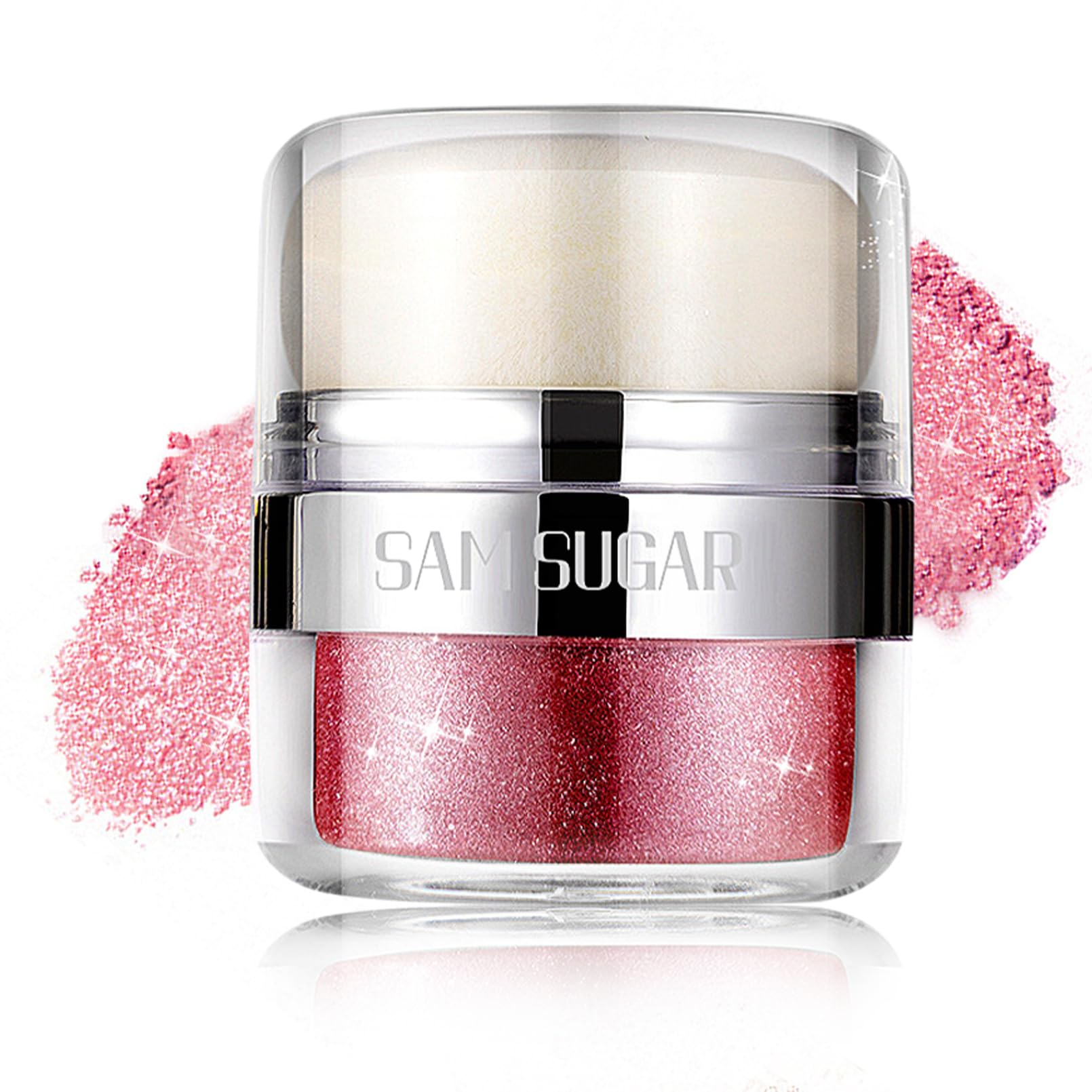 Body Shimmer Powder, Body Glitter Powder with Sponge Head, 3D Contour & Long Lasting Luminous, Glow Highlighter Makeup for Face, Eyes, Hair, Perfect for Daily, Party (Pink, 1.13 Oz)