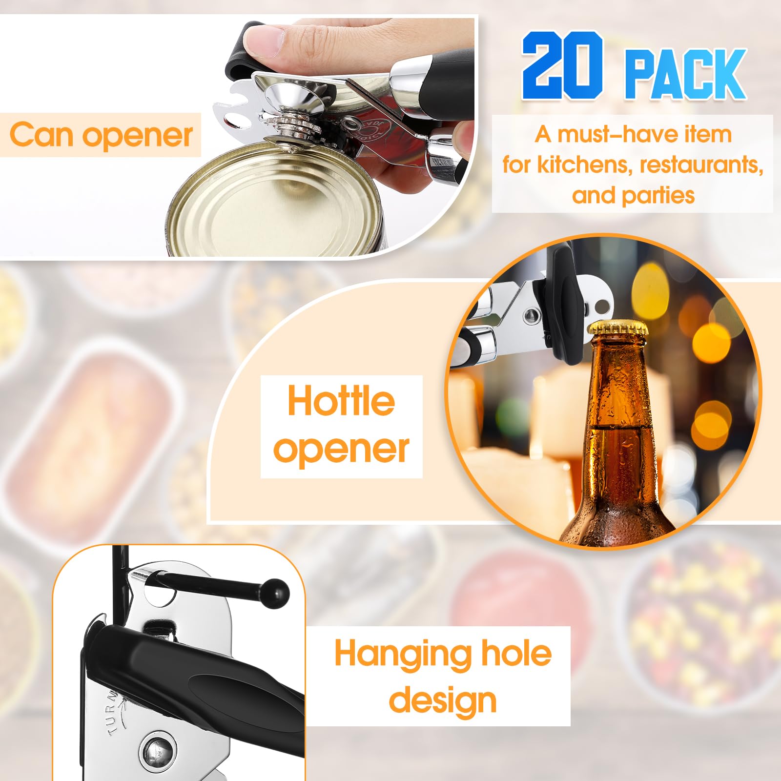 Gisafai 20 apriscatole apribottiglie, impugnatura morbida, apriscatole manuali con bordo liscio di sicurezza, 3 in 1, grande manopola di rotazione, apriscatole, gadget da cucina, apri coperchio apri